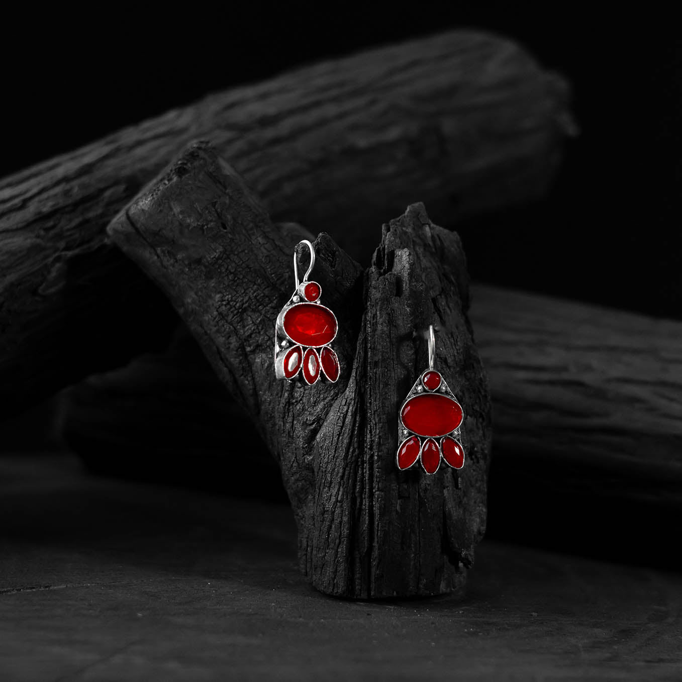 Saanjh Bela Red Leaf Oxidised Drop Earrings