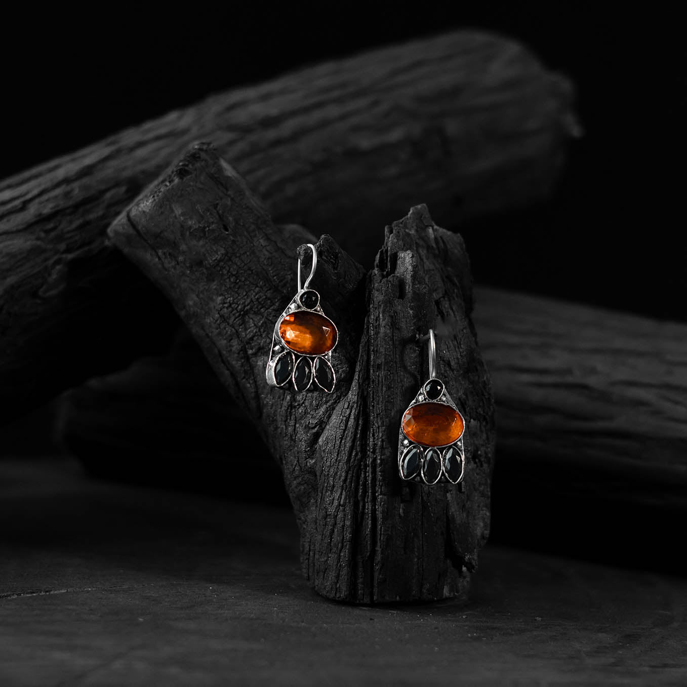 Saanjh Bela Orange & Black Leaf Oxidised Drop Earrings