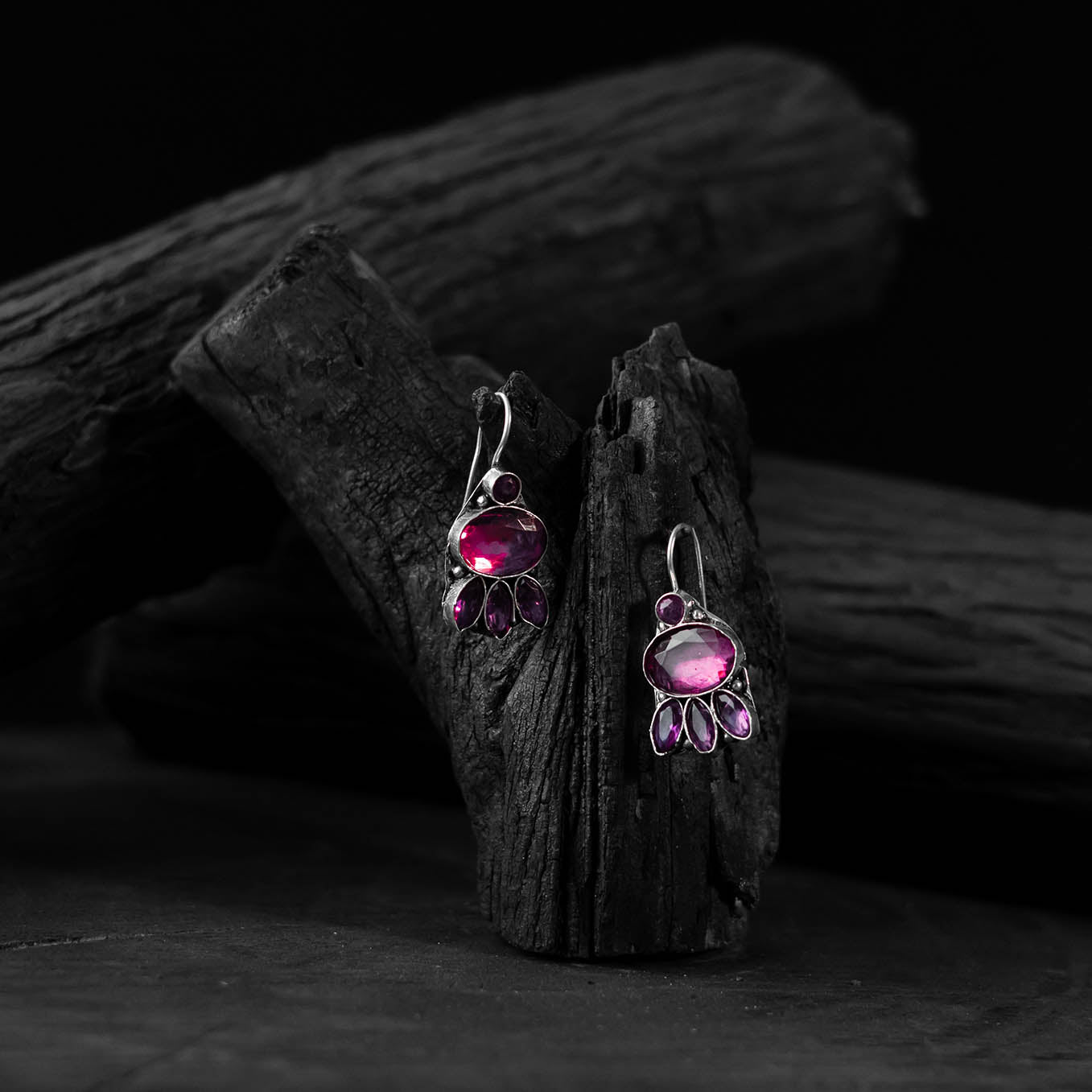 Saanjh Bela Purple Leaf Oxidised Drop Earrings