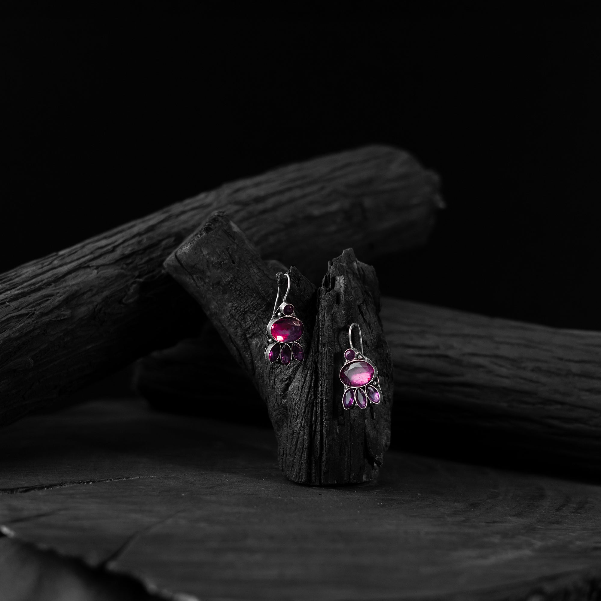 Saanjh Bela Purple Leaf Oxidised Drop Earrings