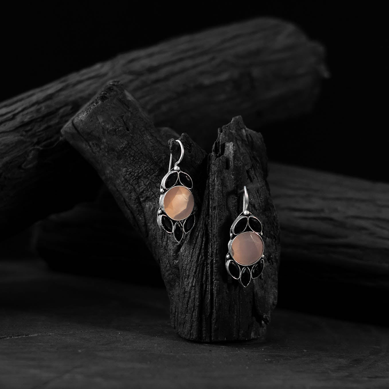 Saanjh Bela Peach & Black Leaf Oxidised Drop Earrings