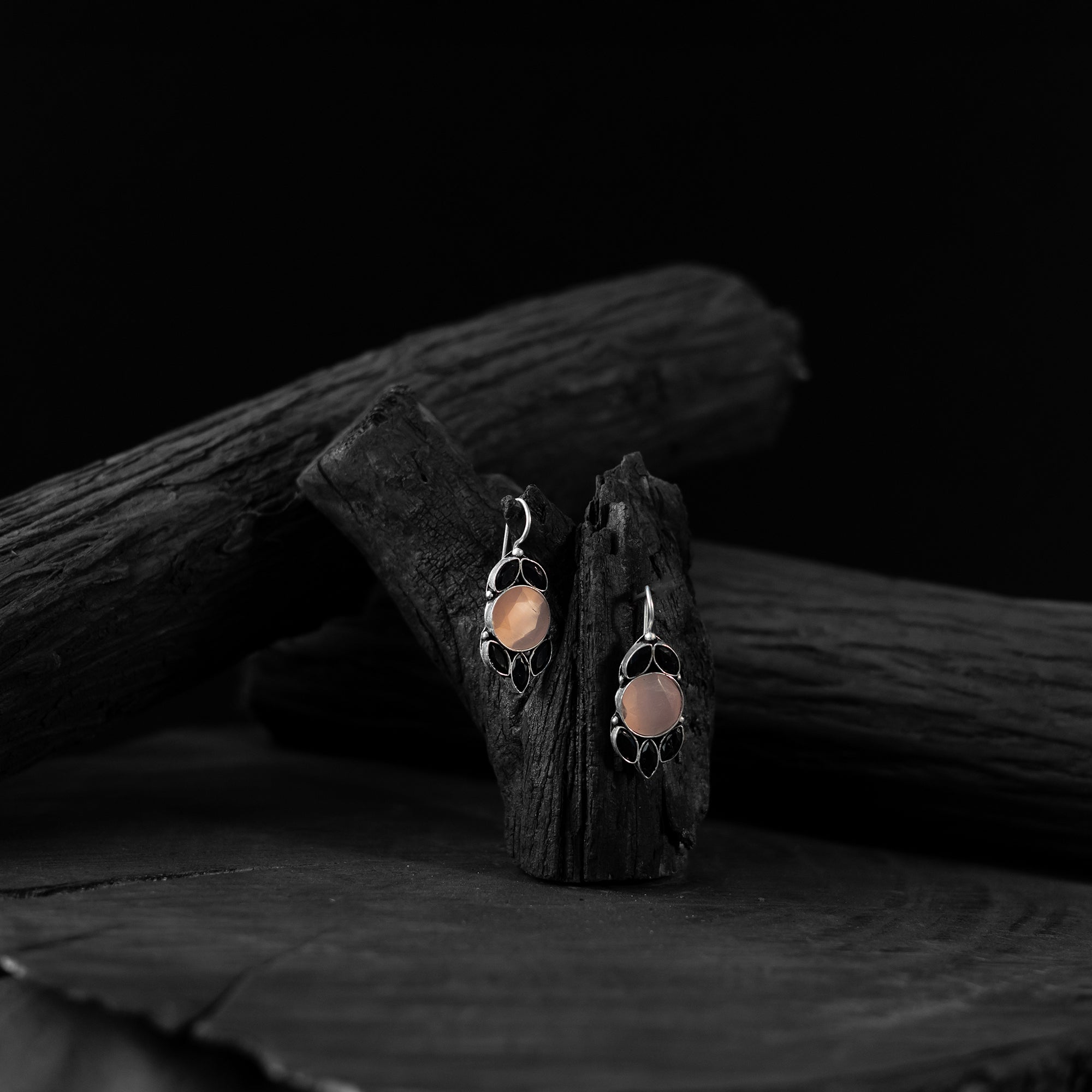 Saanjh Bela Peach & Black Leaf Oxidised Drop Earrings