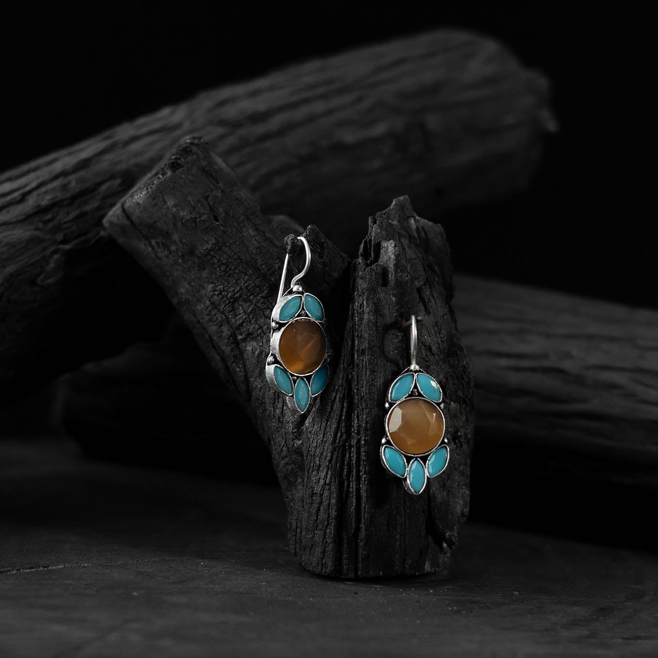Saanjh Bela Brown & Blue Leaf Oxidised Drop Earrings