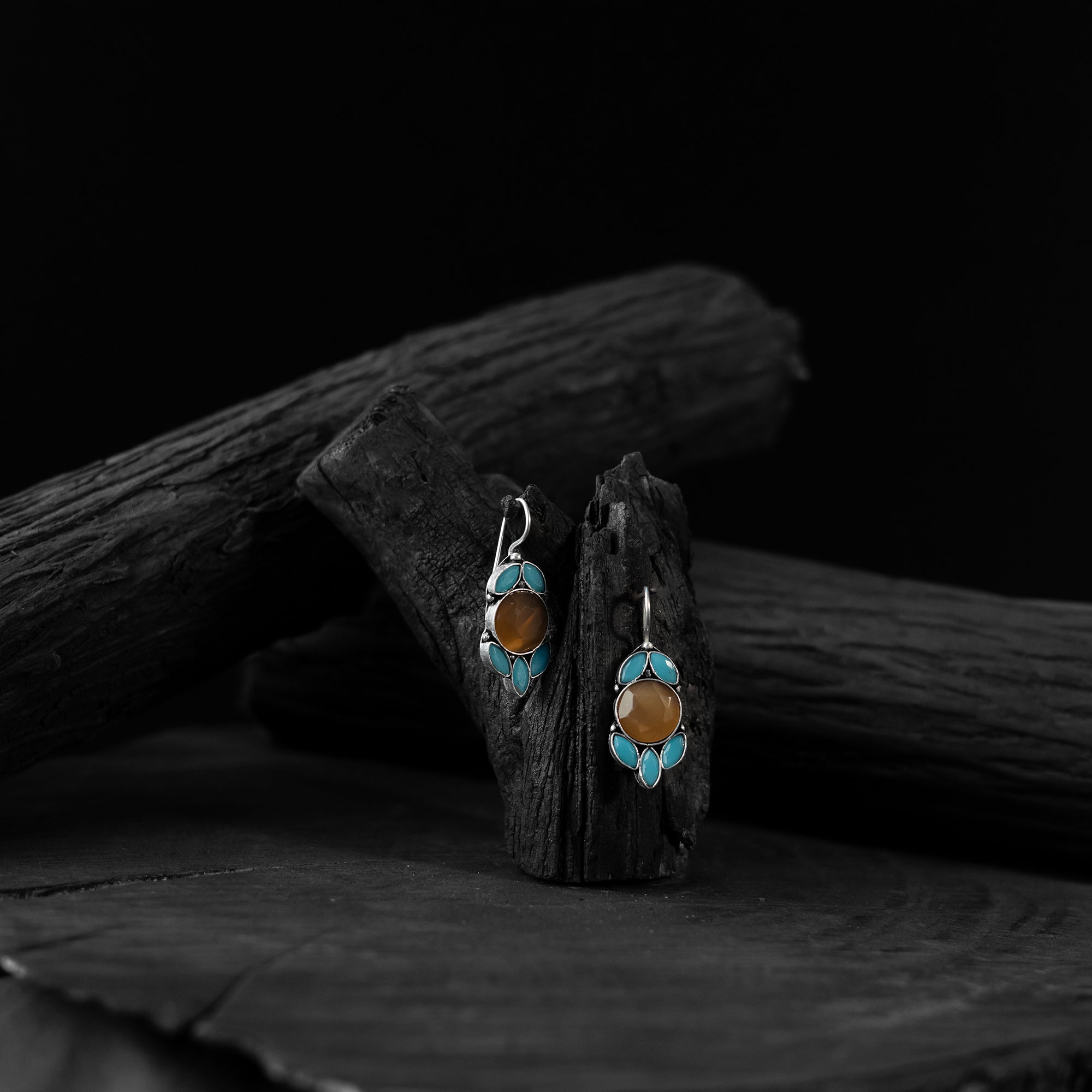 Saanjh Bela Brown & Blue Leaf Oxidised Drop Earrings