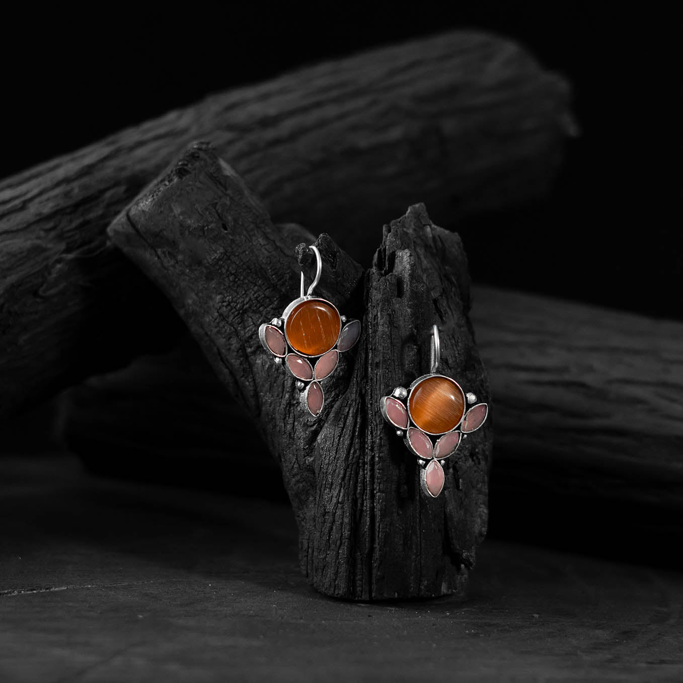 Saanjh Bela Orange & Pink Leaf Oxidised Drop Earrings