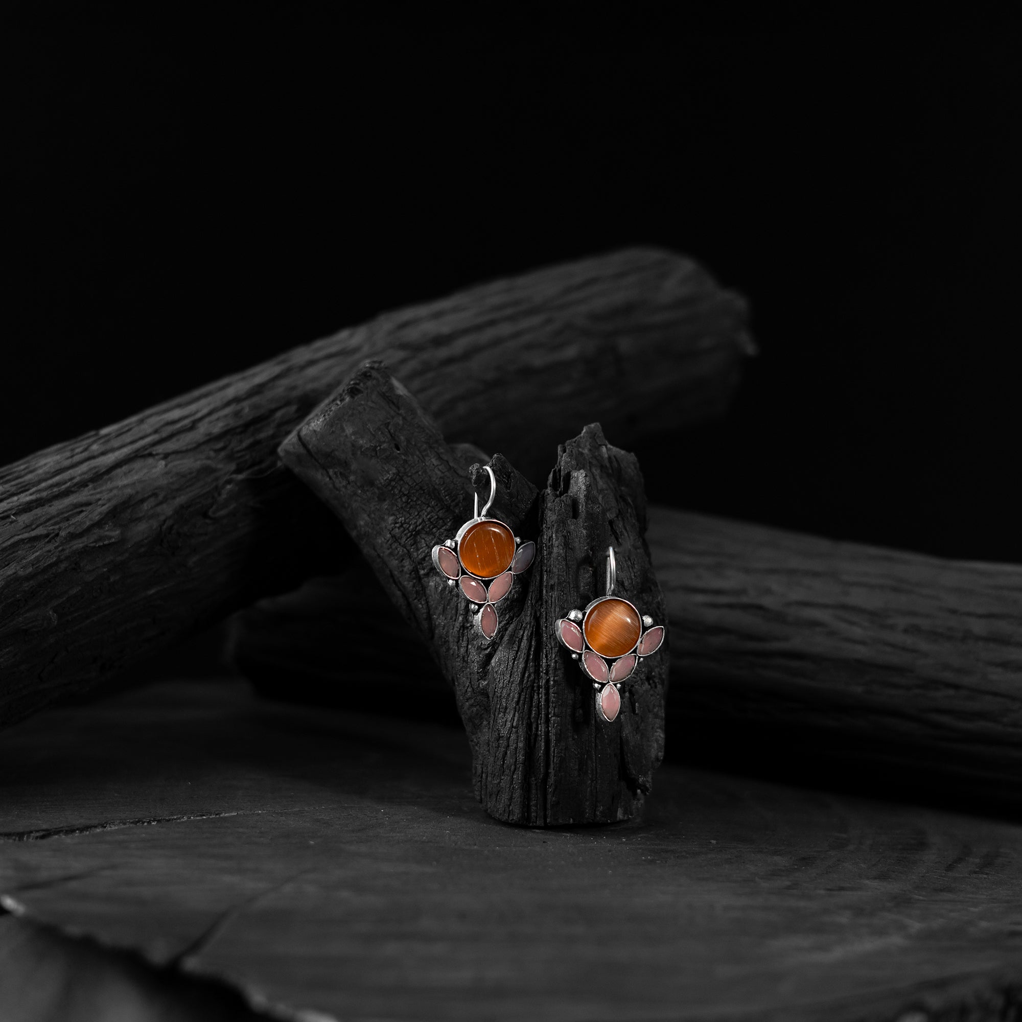 Saanjh Bela Orange & Pink Leaf Oxidised Drop Earrings