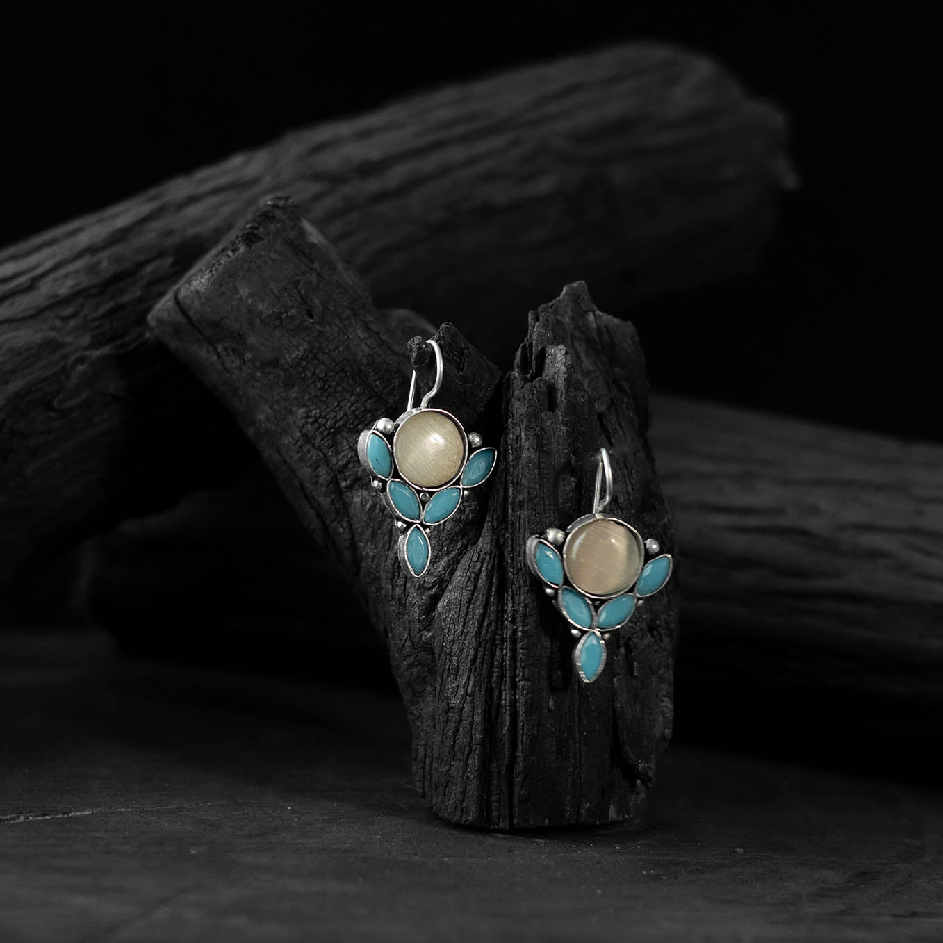 Saanjh Bela Beige & Blue Leaf Oxidised Drop Earrings