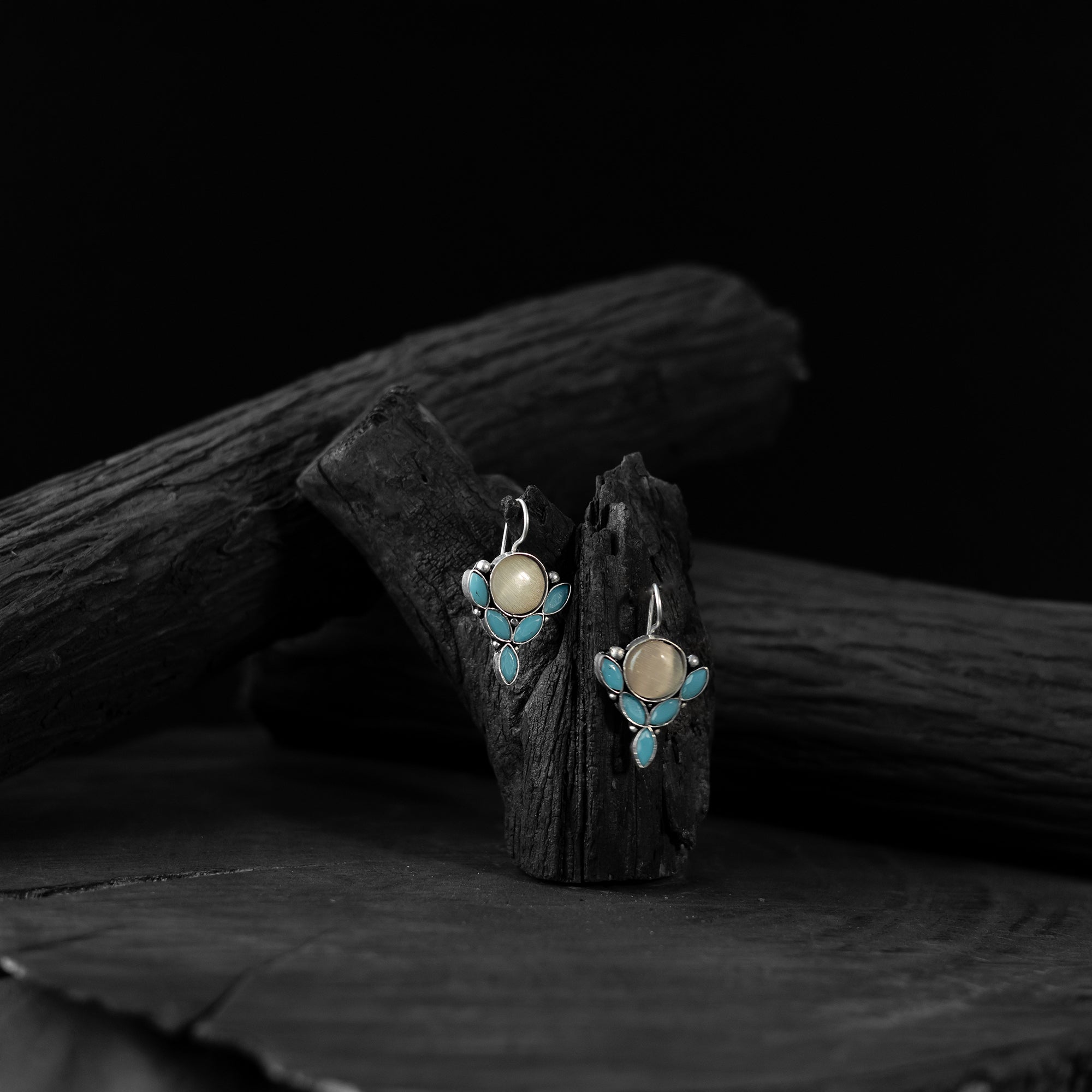 Saanjh Bela Beige & Blue Leaf Oxidised Drop Earrings