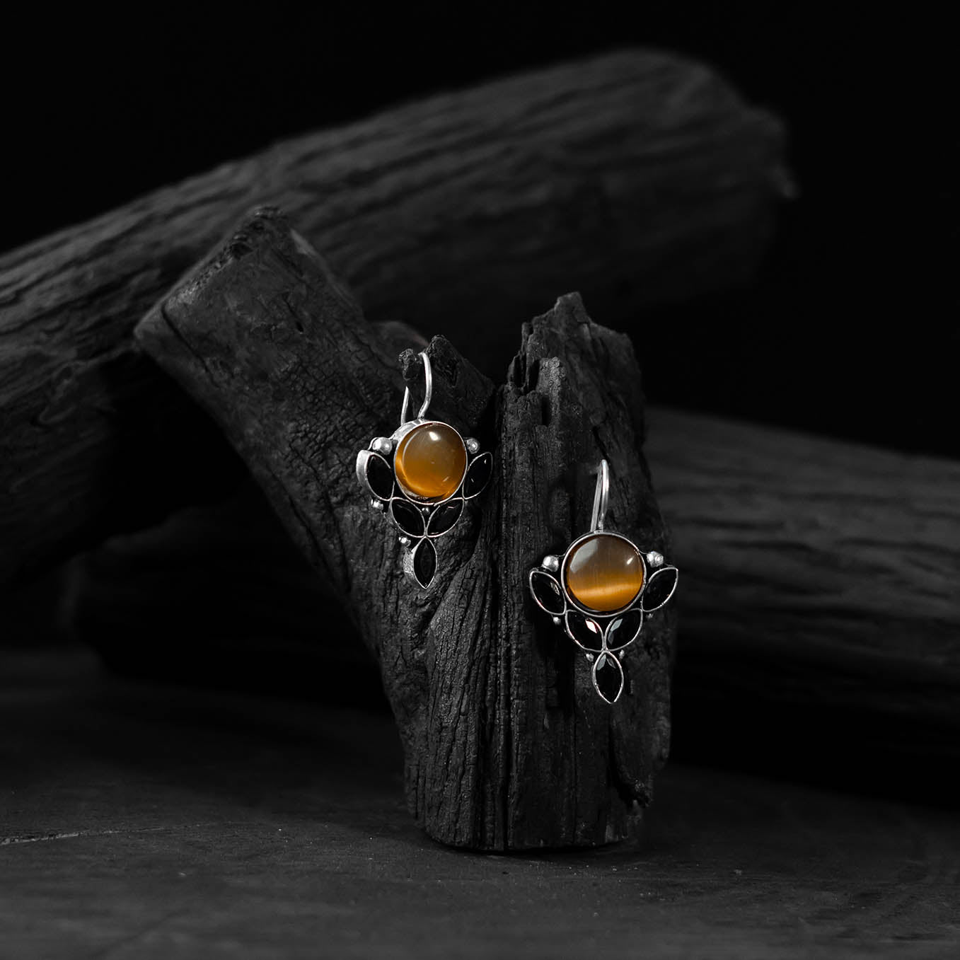 Saanjh Bela Golden & Black Leaf Oxidised Drop Earrings