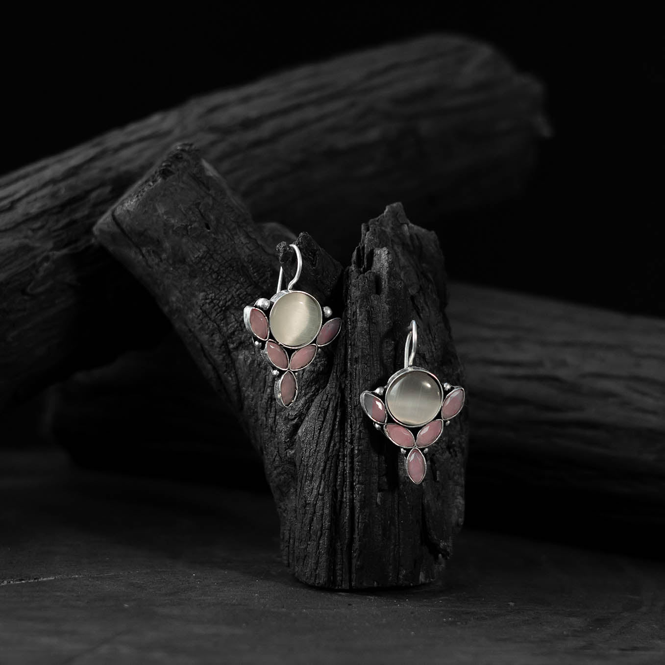 Saanjh Bela Grey & Pink Leaf Oxidised Drop Earrings