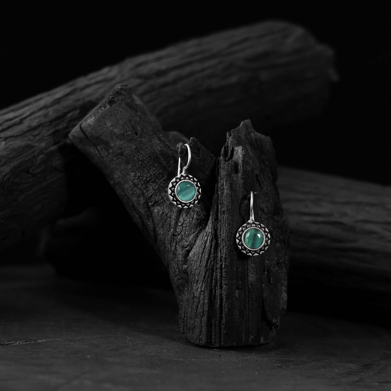Saanjh Bela Turquoise Green Sun Oxidised Drop Earrings