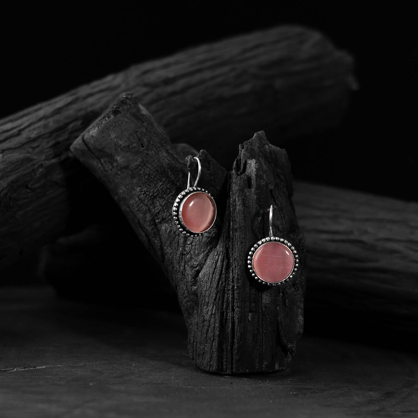 Saanjh Bela Pink Stone Oxidised Drop Earrings