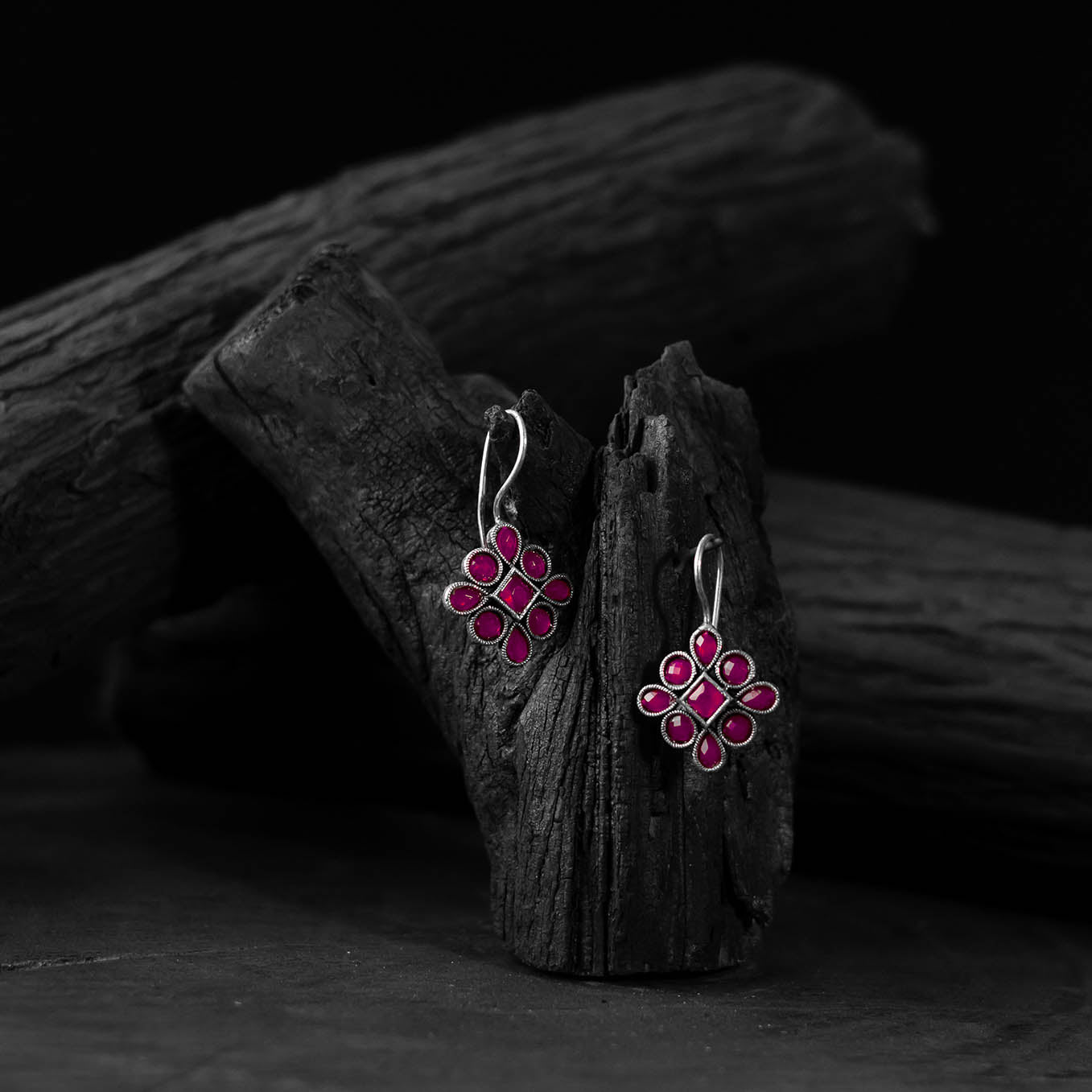 Saanjh Bela Pink Flower Oxidised Drop Earrings