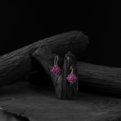 Saanjh Bela Pink Flower Oxidised Drop Earrings