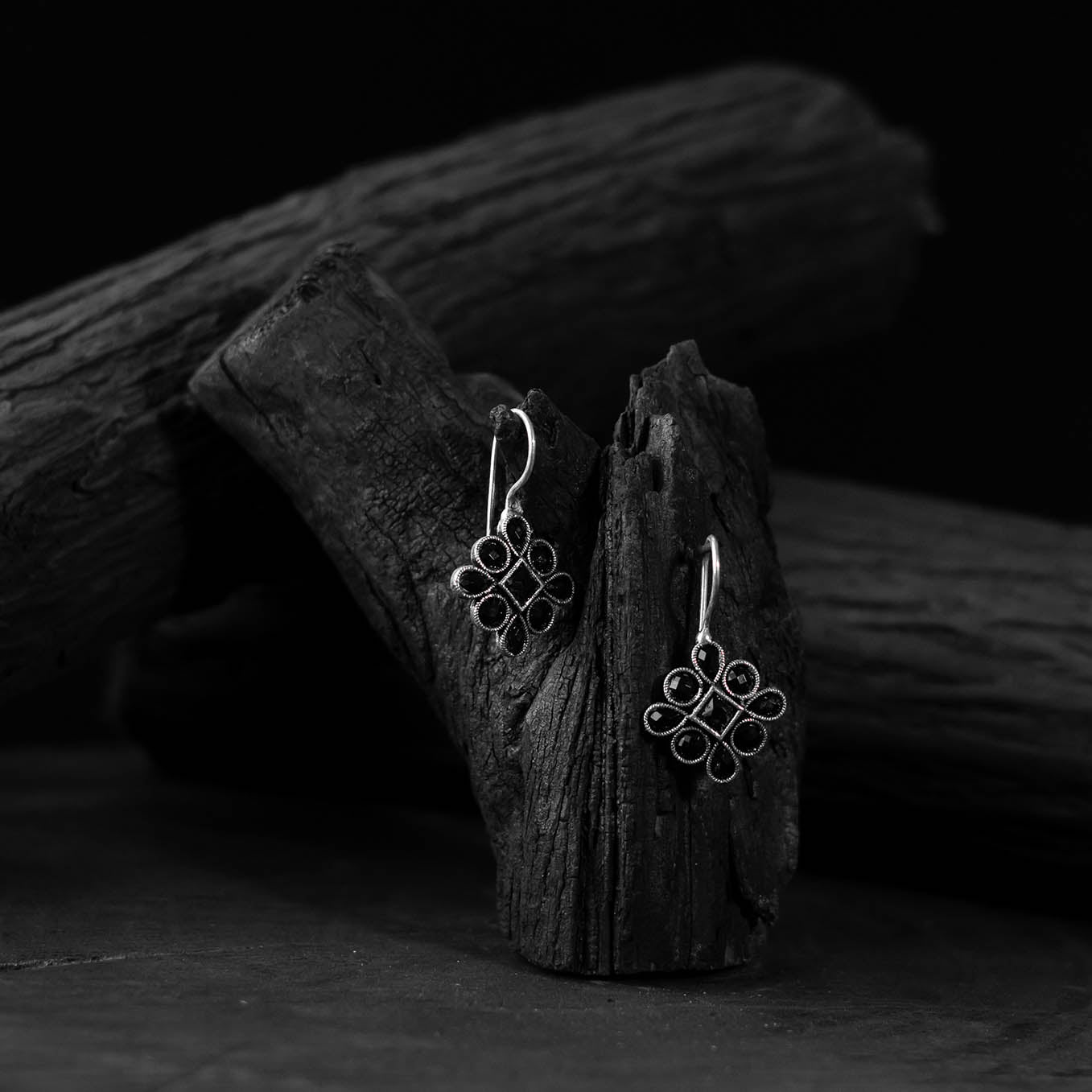 Saanjh Bela Black Flower Oxidised Drop Earrings