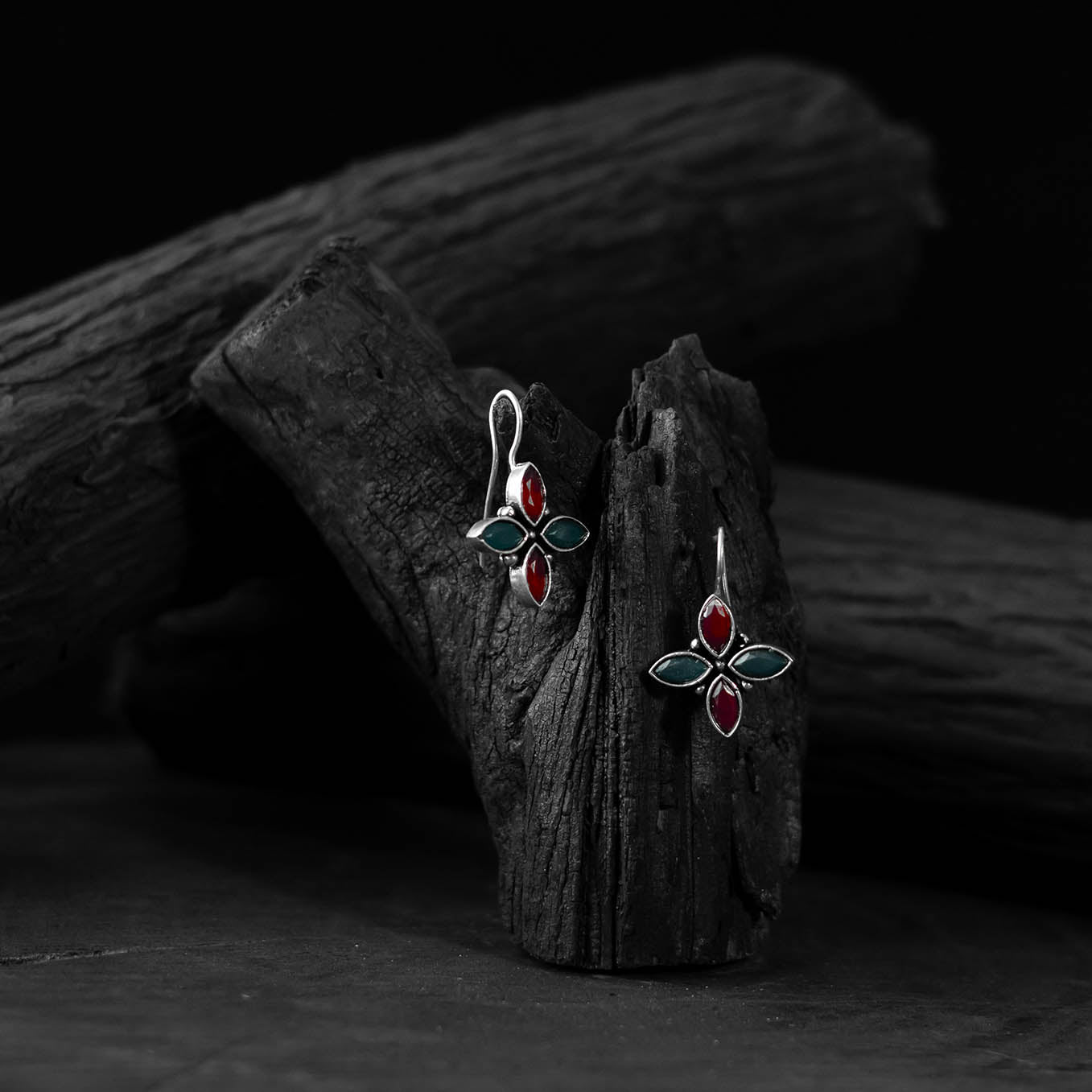 Red & Green Saanjh Bela Floral Oxidised Drop Earrings