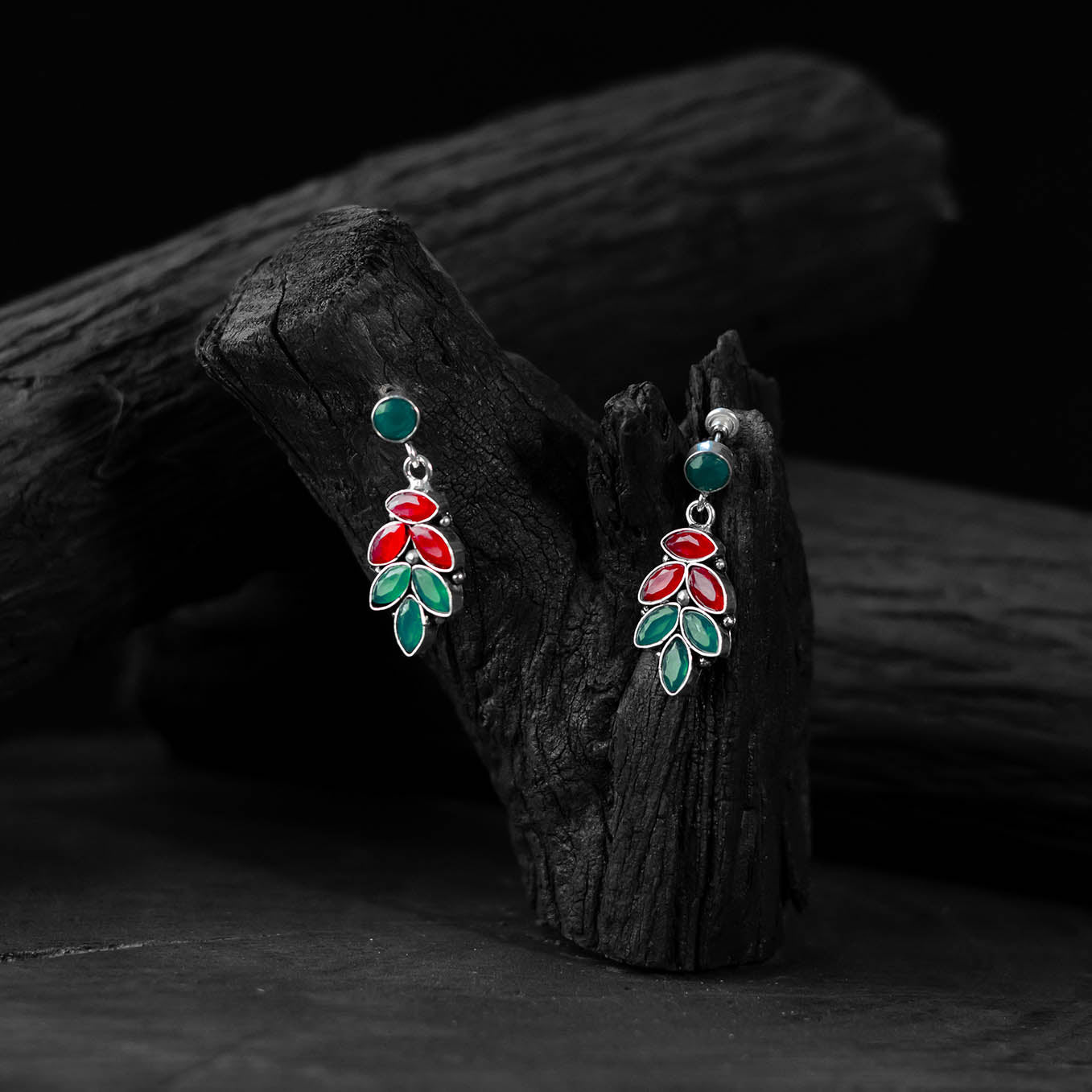 Red & Green Leaf Saanjh Bela Oxidised Drop Earrings