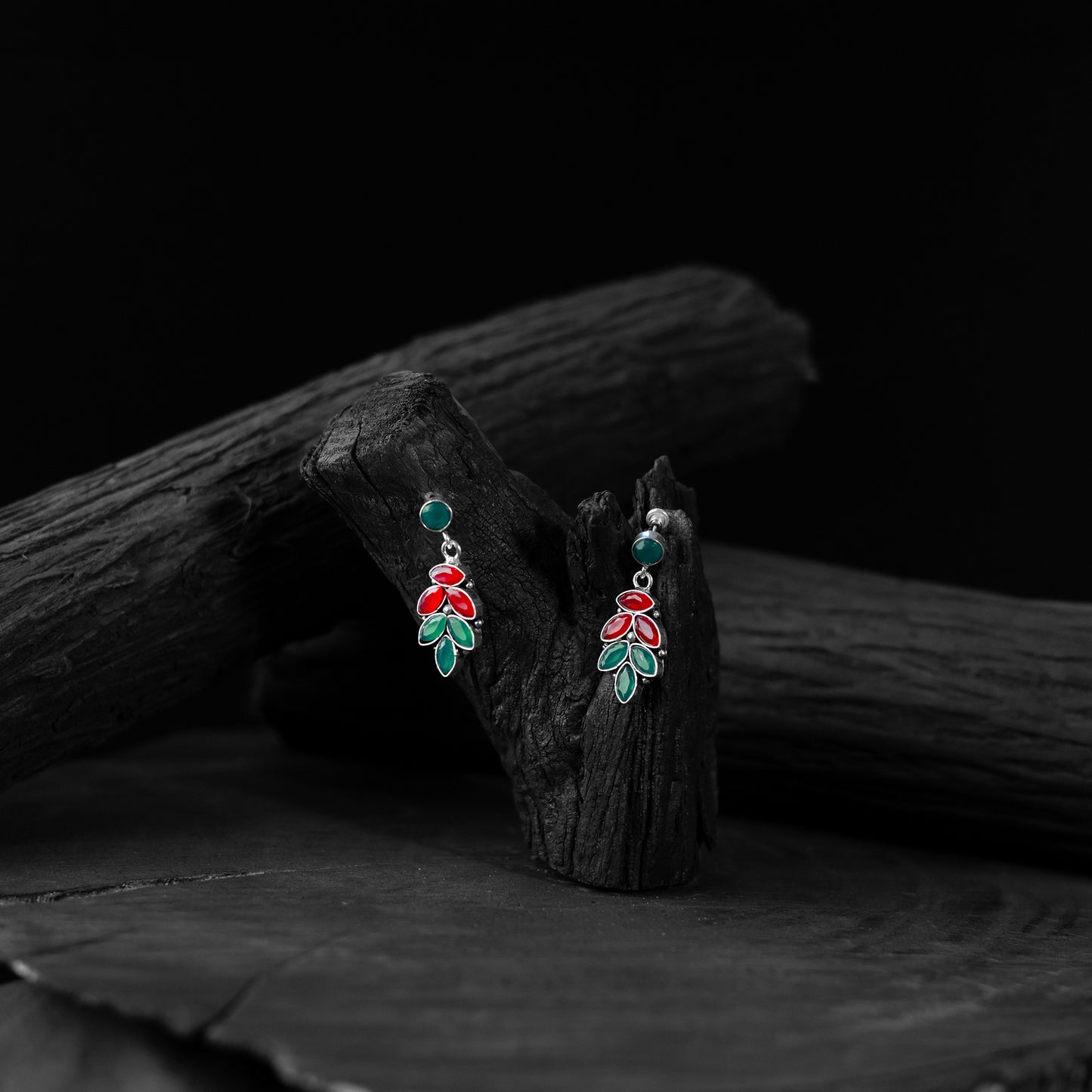Red & Green Leaf Saanjh Bela Oxidised Drop Earrings