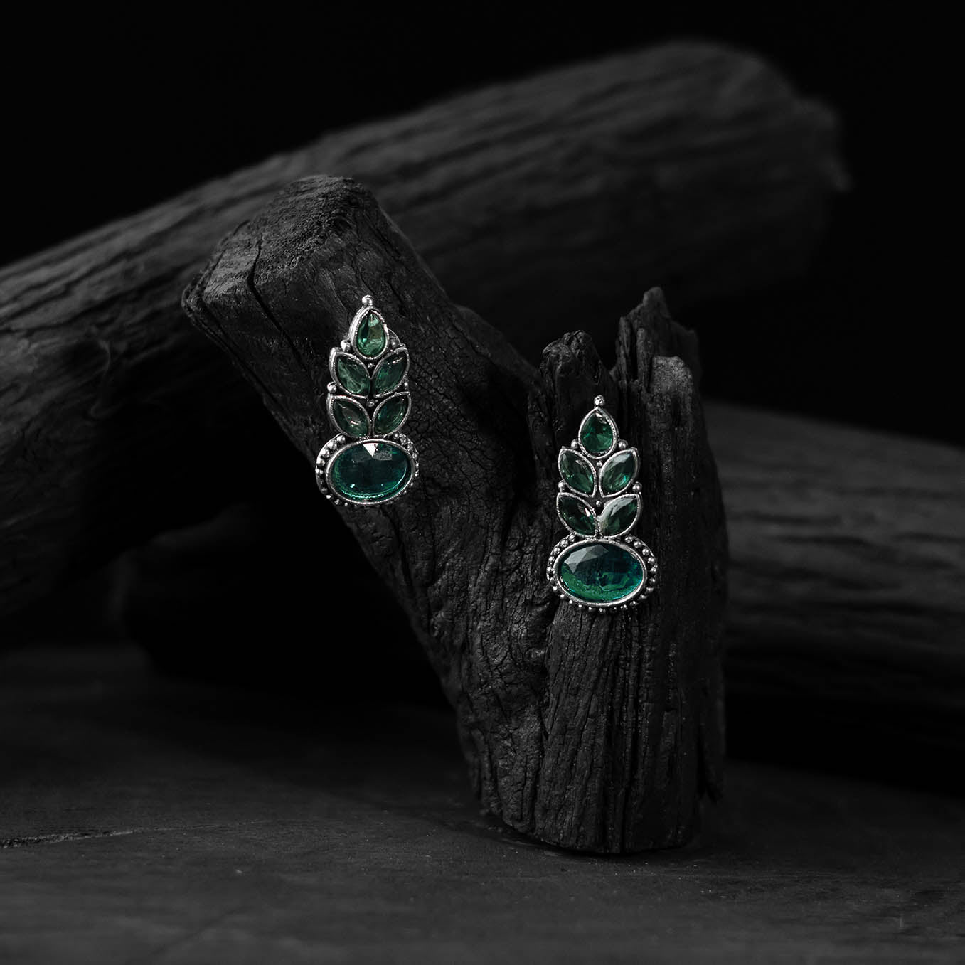 Green Saanjh Bela Leaf Oxidised Drop Earrings
