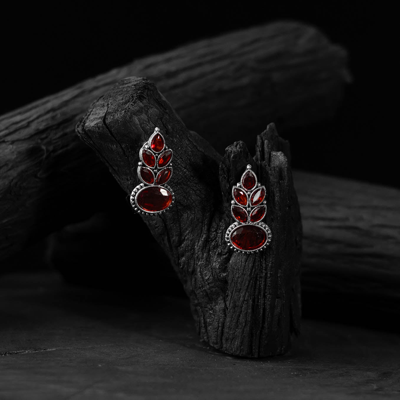 Leaf Saanjh Bela Red Oxidised Drop Earrings