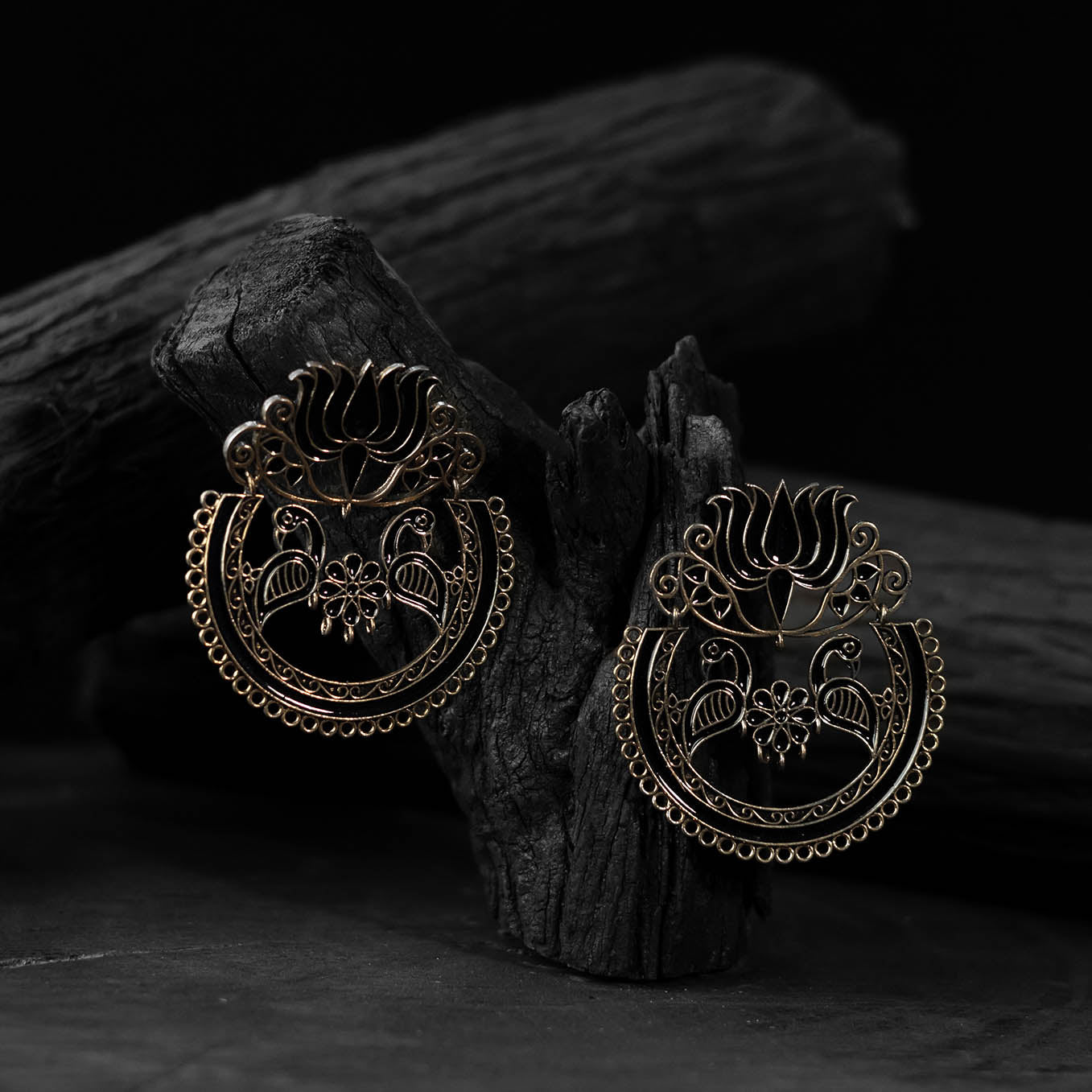Saanjh Bela Golden Lotus Oxidised Earrings