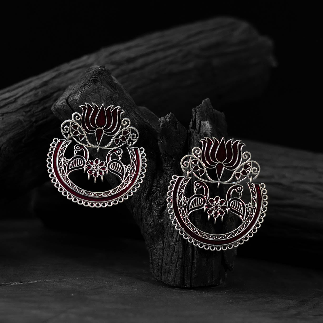 Saanjh Bela Maroon Lotus Oxidised Earrings