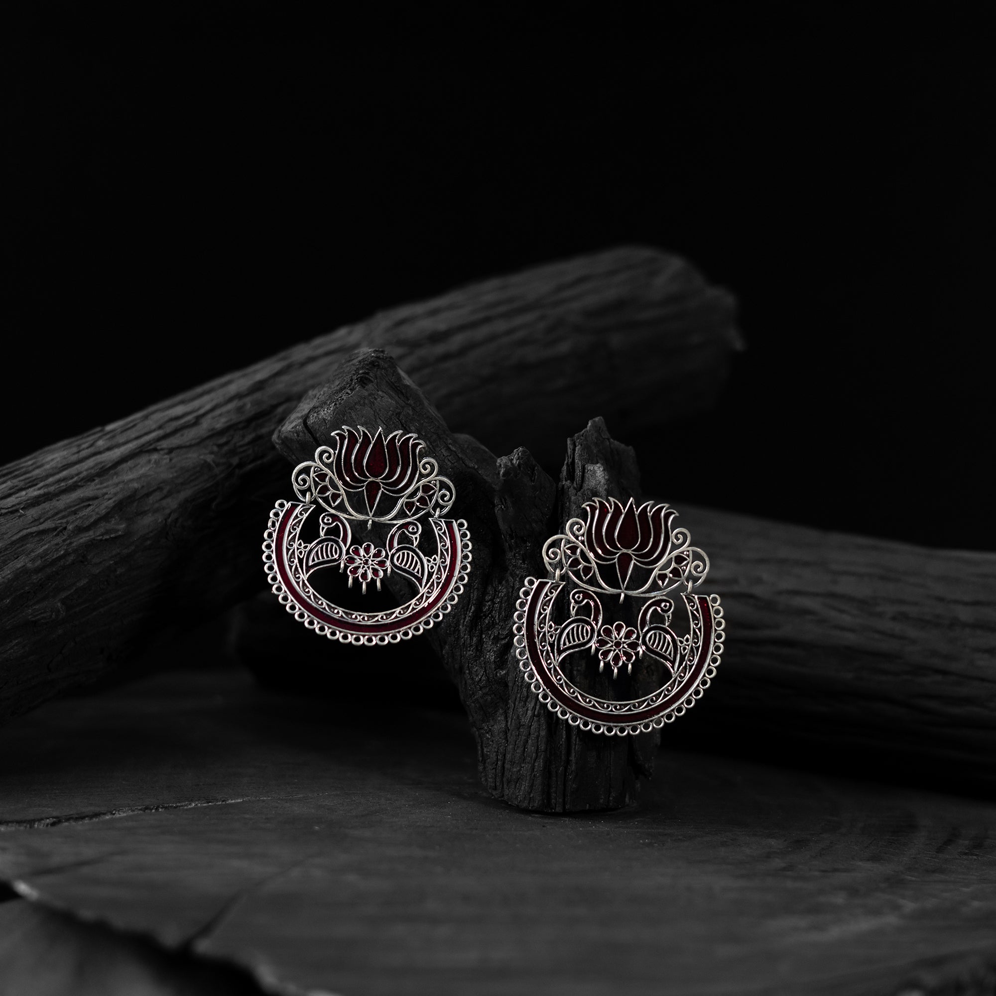 Saanjh Bela Maroon Lotus Oxidised Earrings