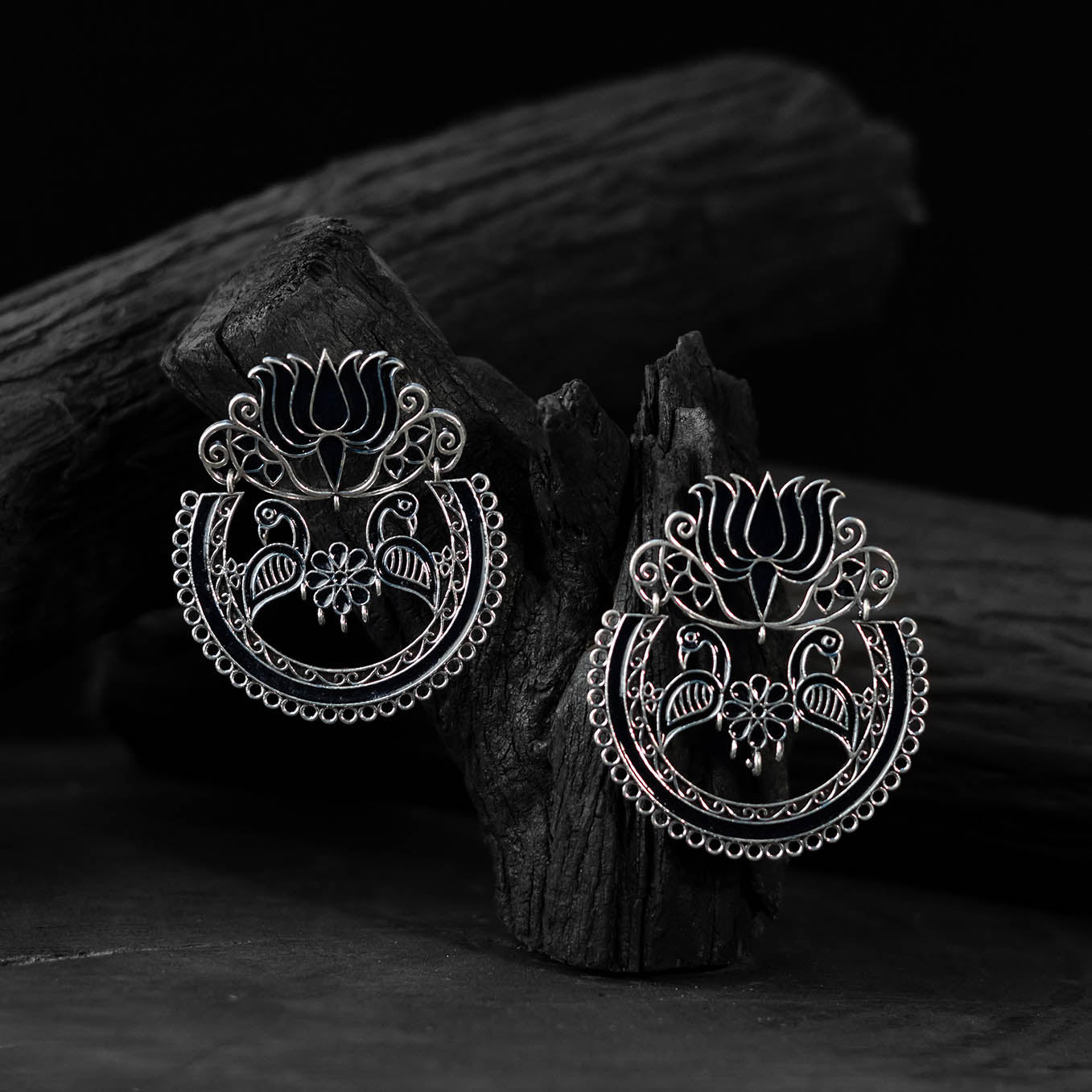 Black Saanjh Bela Lotus Oxidised Earrings