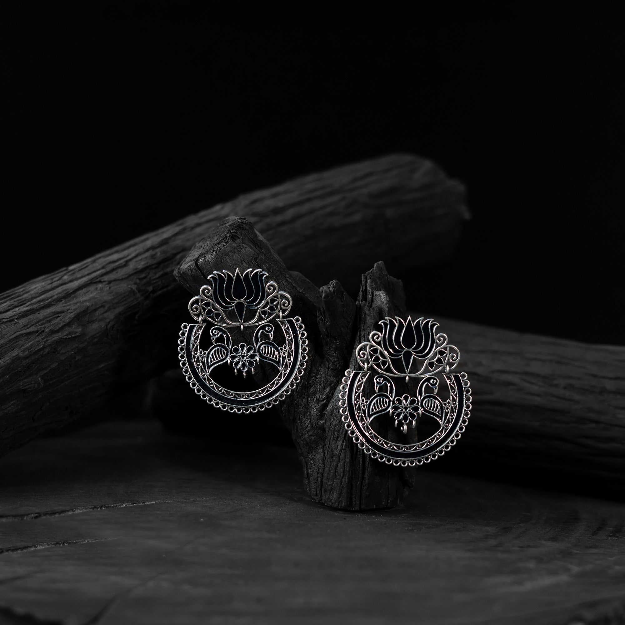 Black Saanjh Bela Lotus Oxidised Earrings