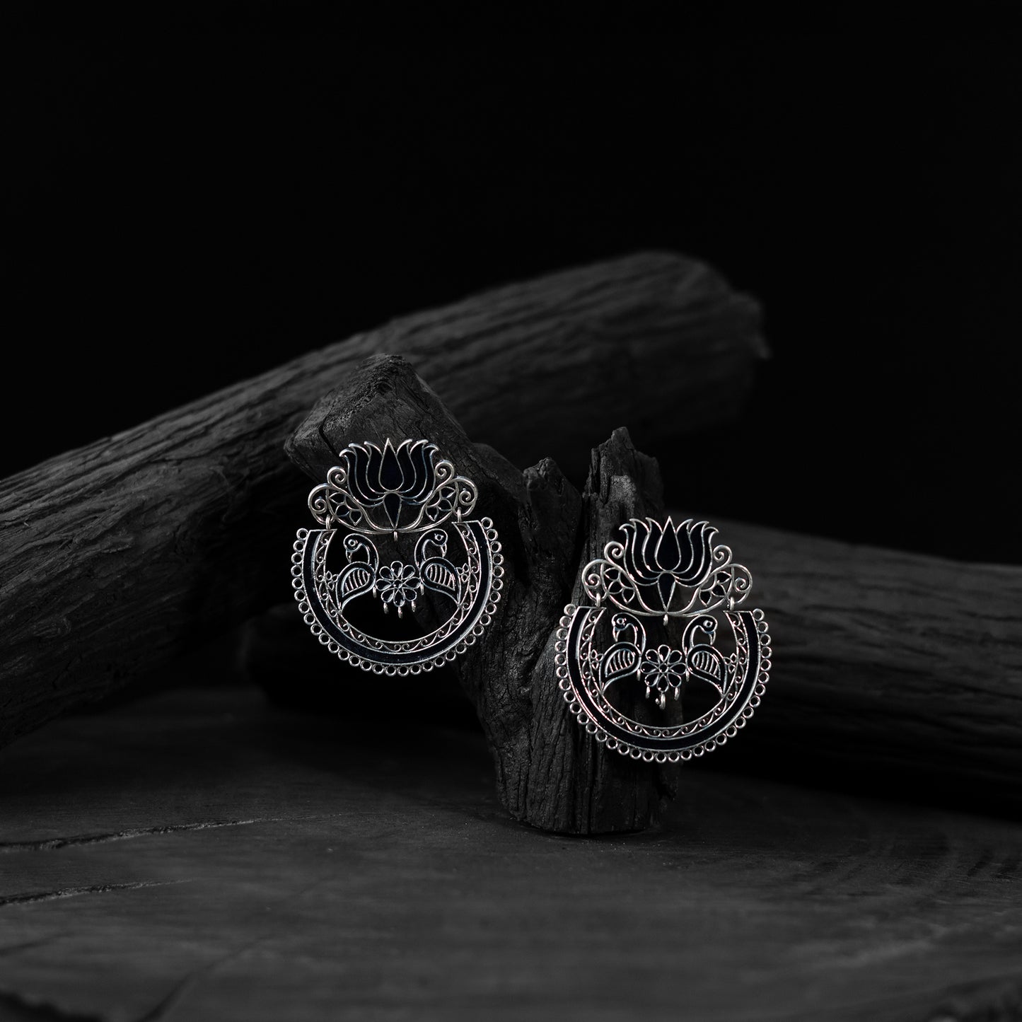 Black Saanjh Bela Lotus Oxidised Earrings