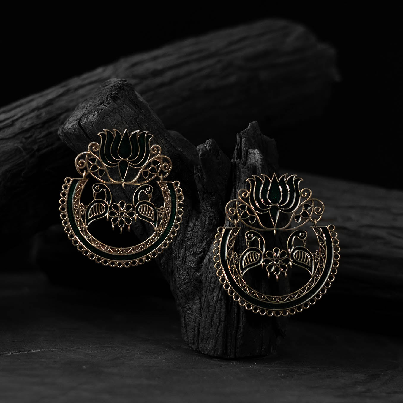 Saanjh Bela Golden & Black Lotus Oxidised Earrings