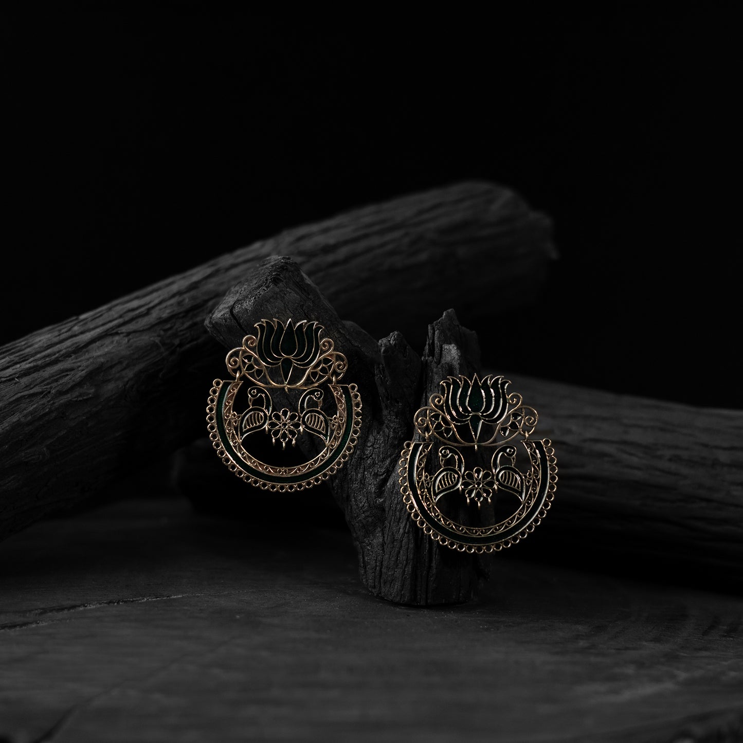 Saanjh Bela Golden & Black Lotus Oxidised Earrings