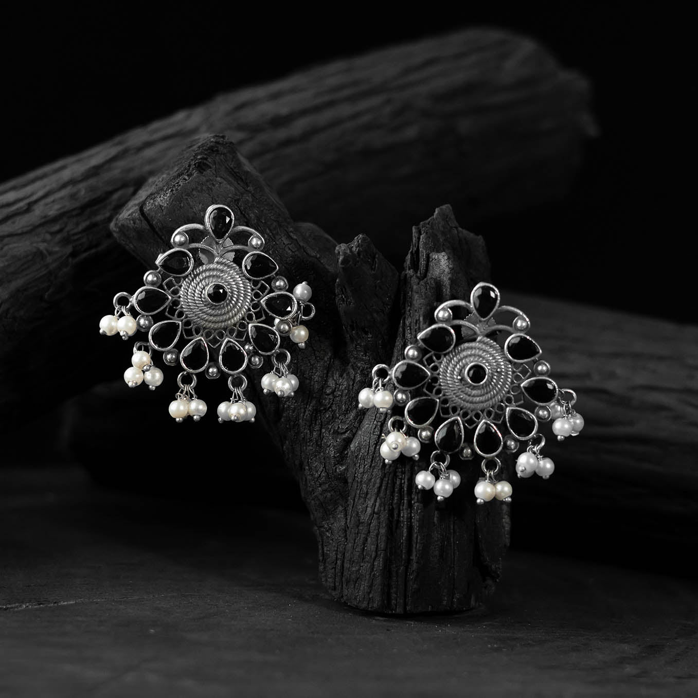 Black Stone Saanjh Bela Oxidised Earrings