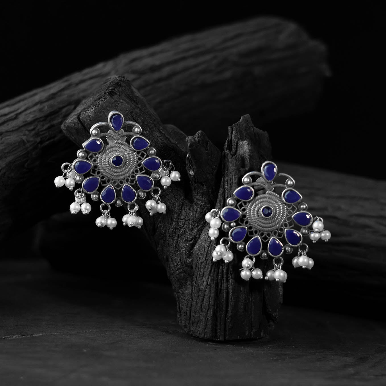 Blue Stone Saanjh Bela Oxidised Earrings