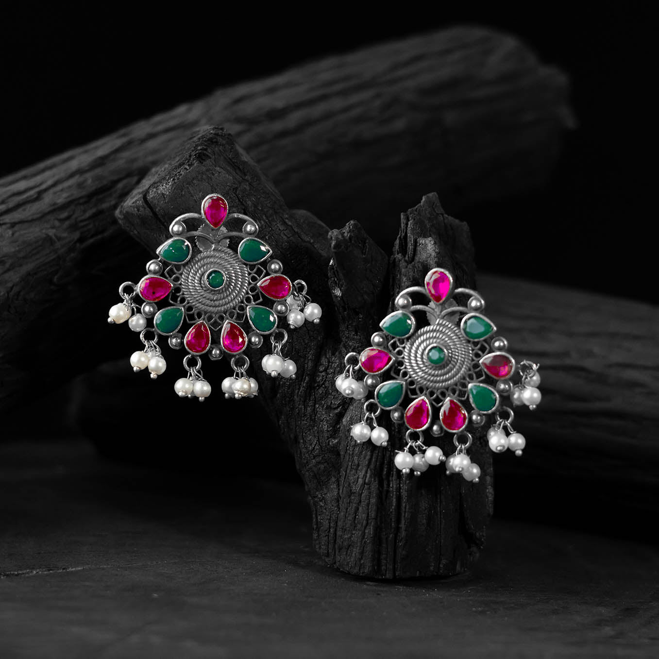 Green & Pink Stone Saanjh Bela Oxidised Earrings