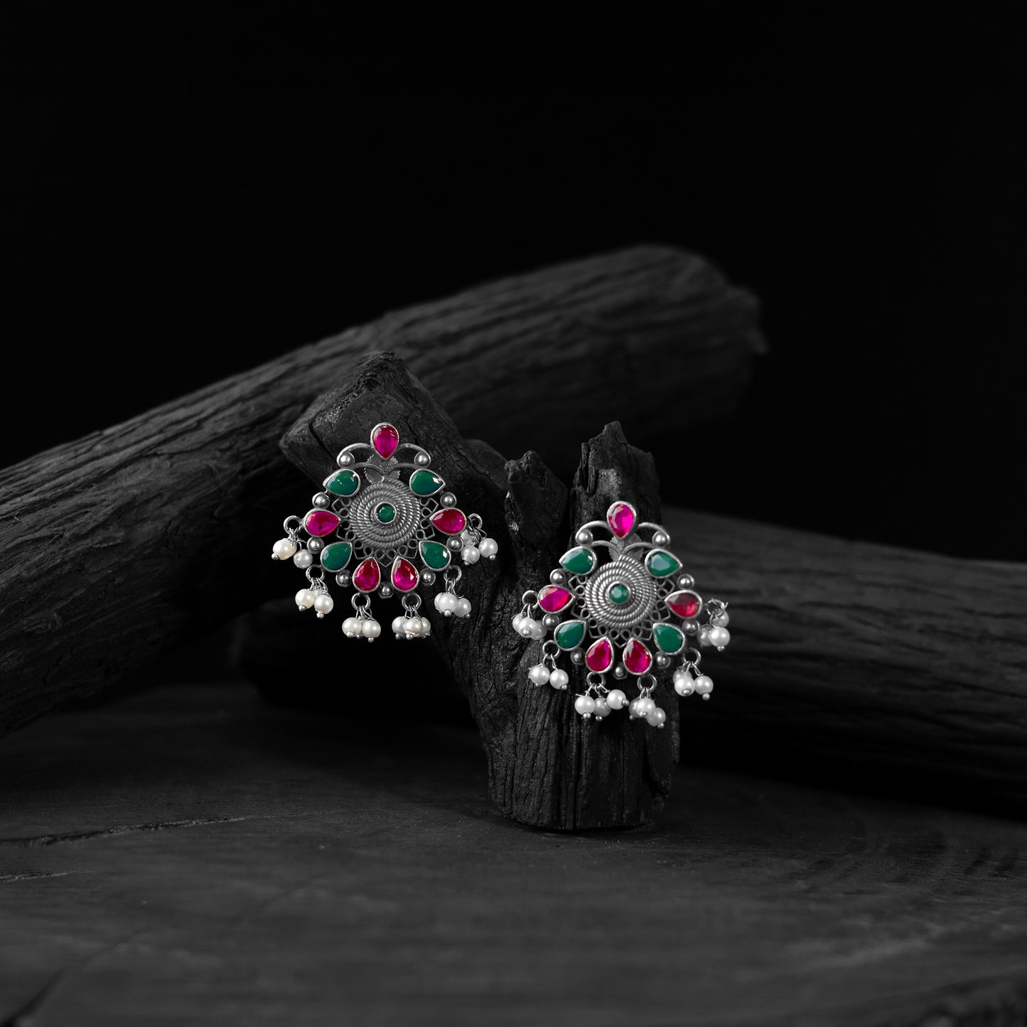 Green & Pink Stone Saanjh Bela Oxidised Earrings