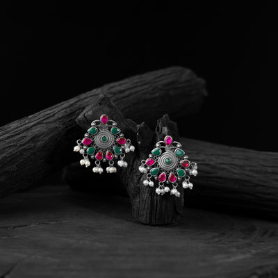 Green & Pink Stone Saanjh Bela Oxidised Earrings