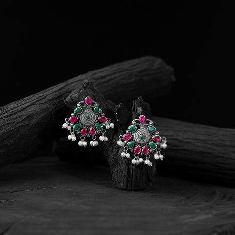 Green & Pink Stone Saanjh Bela Oxidised Earrings