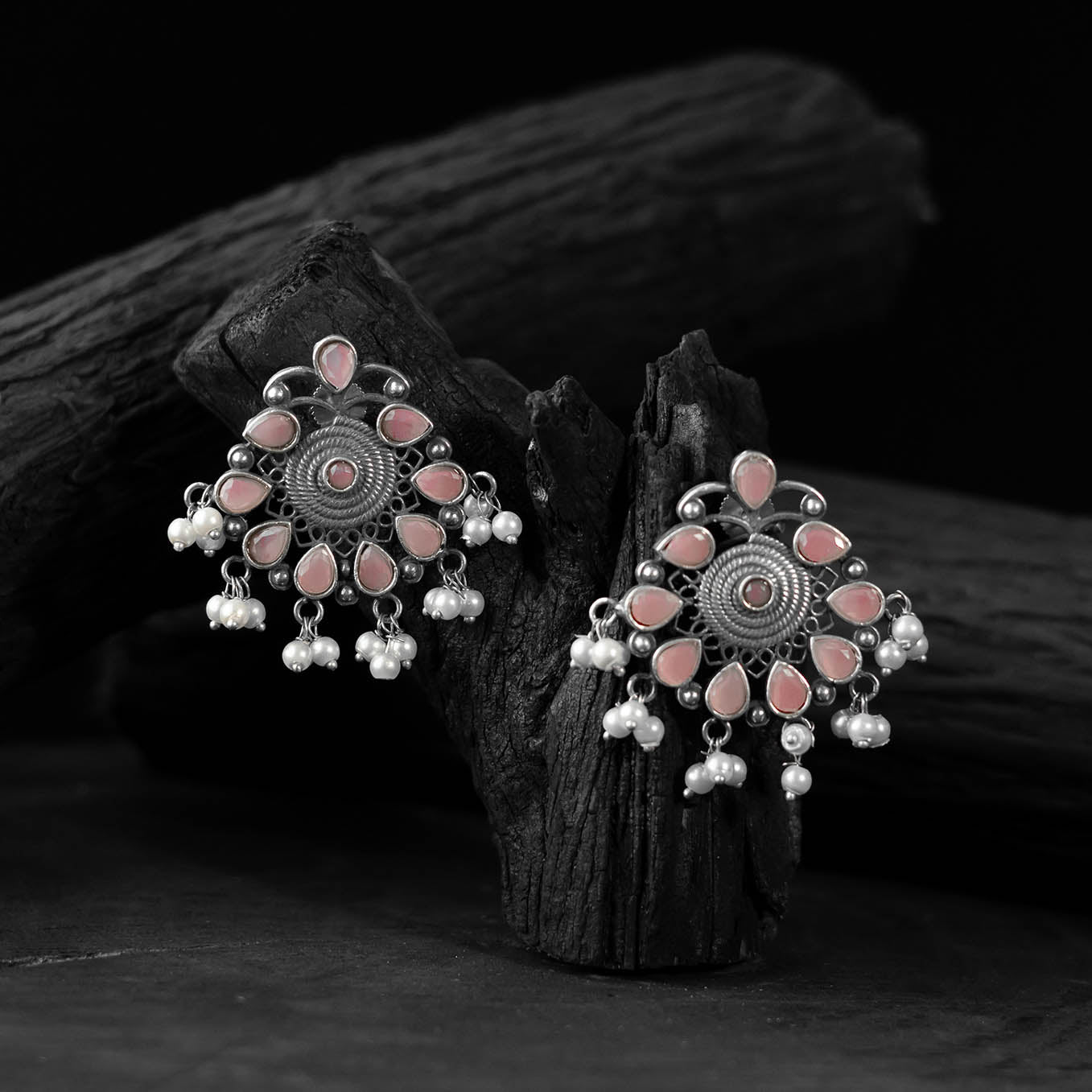 Saanjh Bela Pink Stone Oxidised Earrings