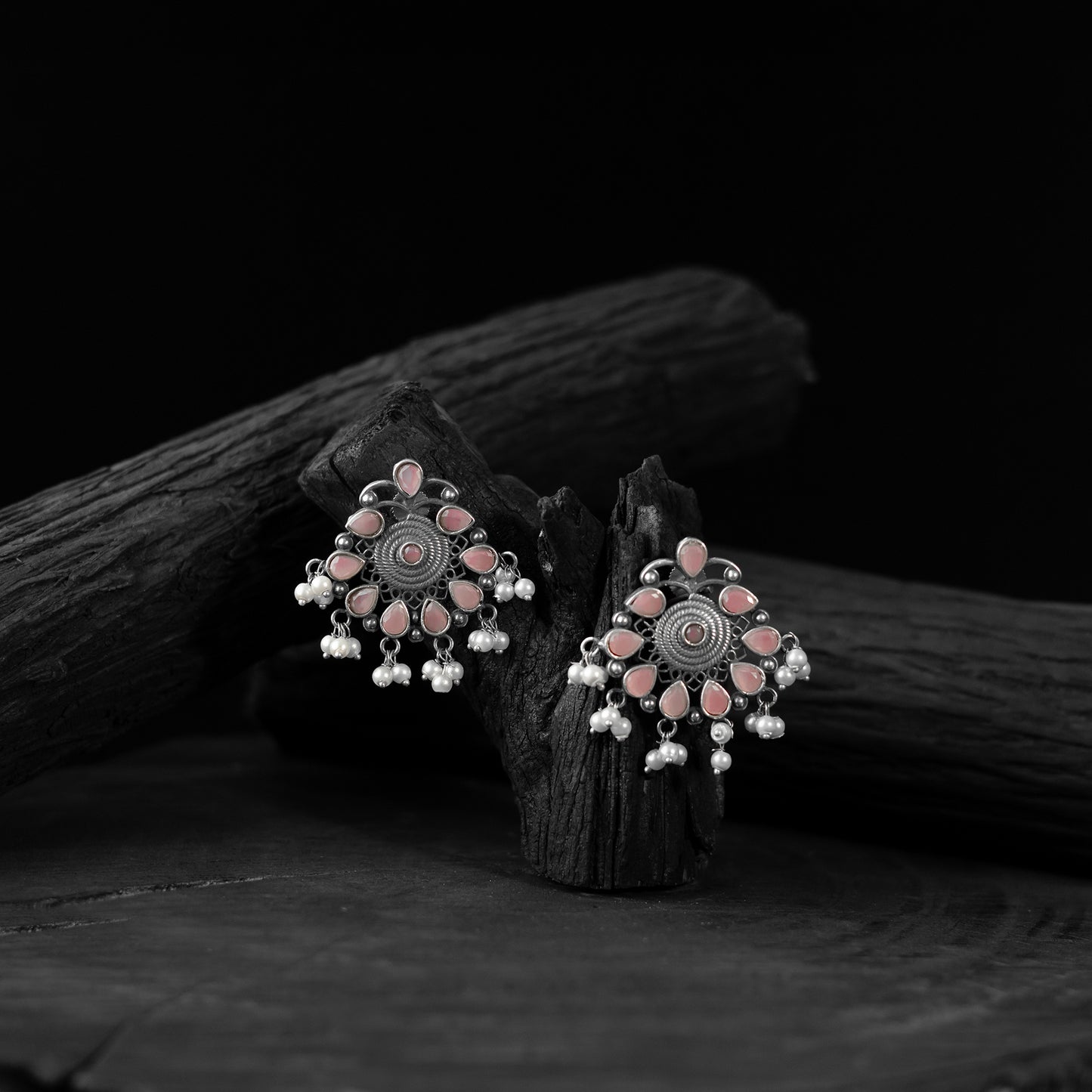 Saanjh Bela Pink Stone Oxidised Earrings