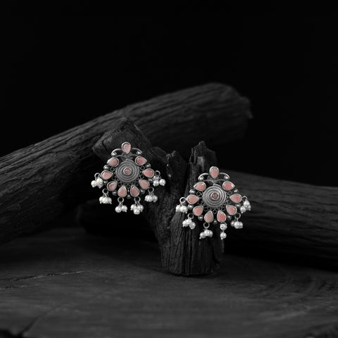 Saanjh Bela Pink Stone Oxidised Earrings