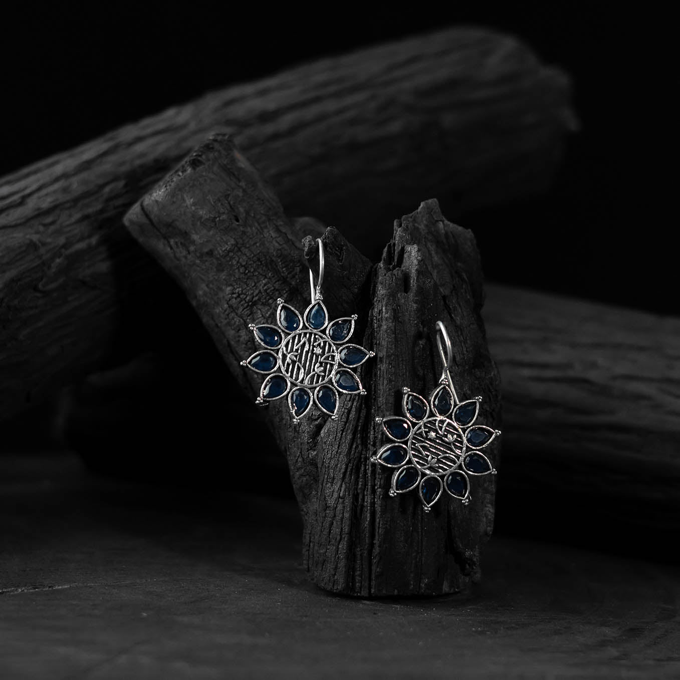 Blue Saanjh Bela Flower Oxidised Drop Earrings