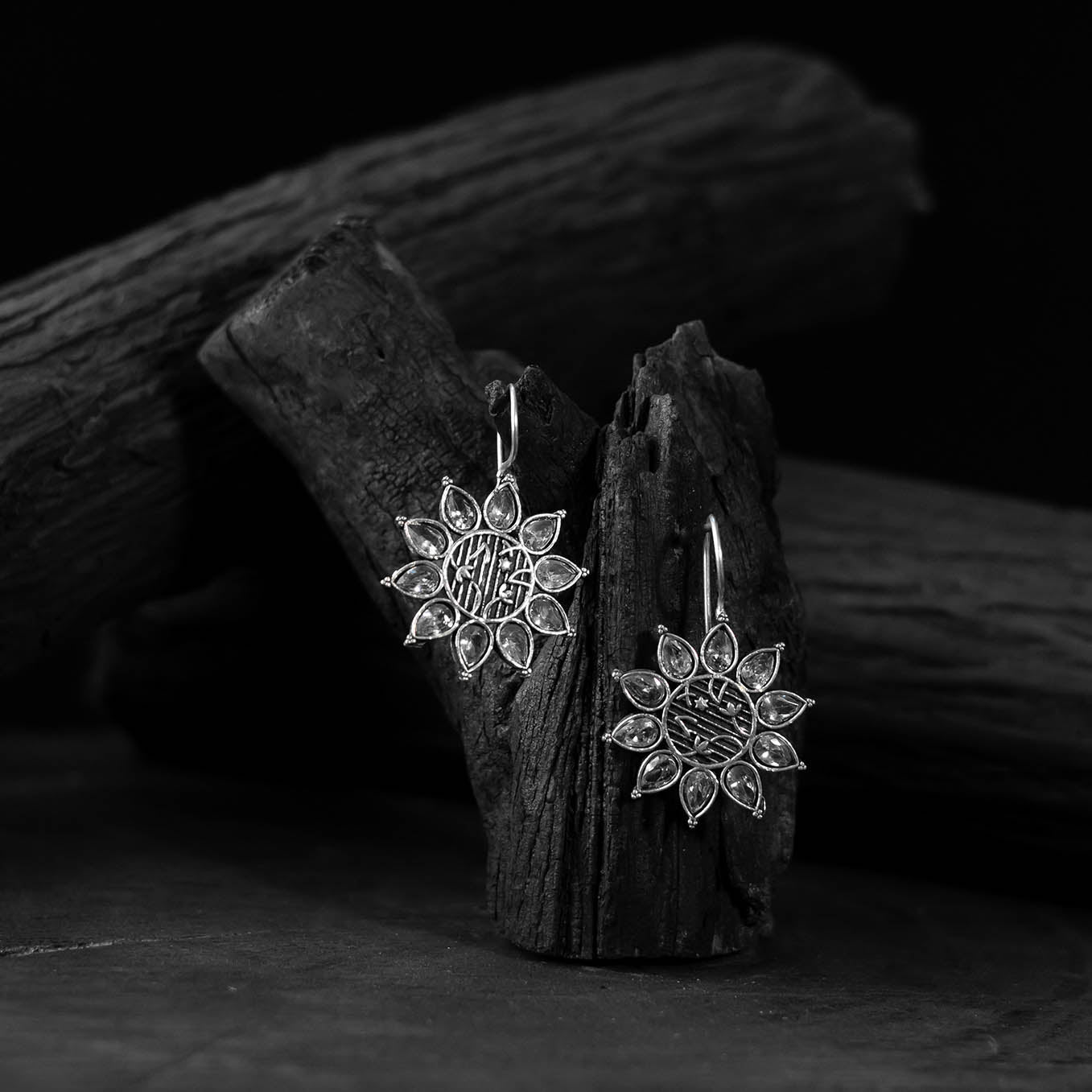 Saanjh Bela Flower Oxidised Drop Earrings
