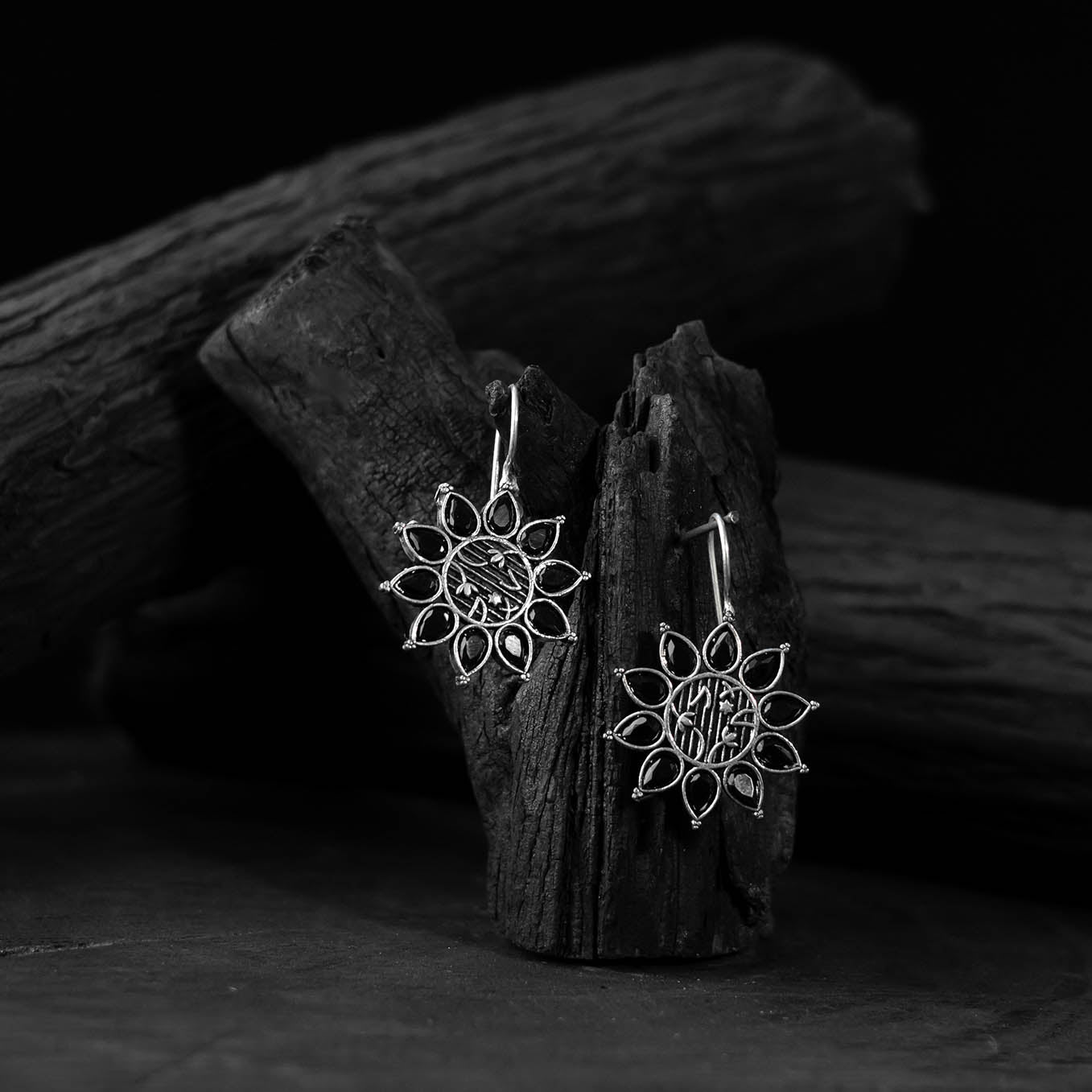 Black Saanjh Bela Flower Oxidised Drop Earrings