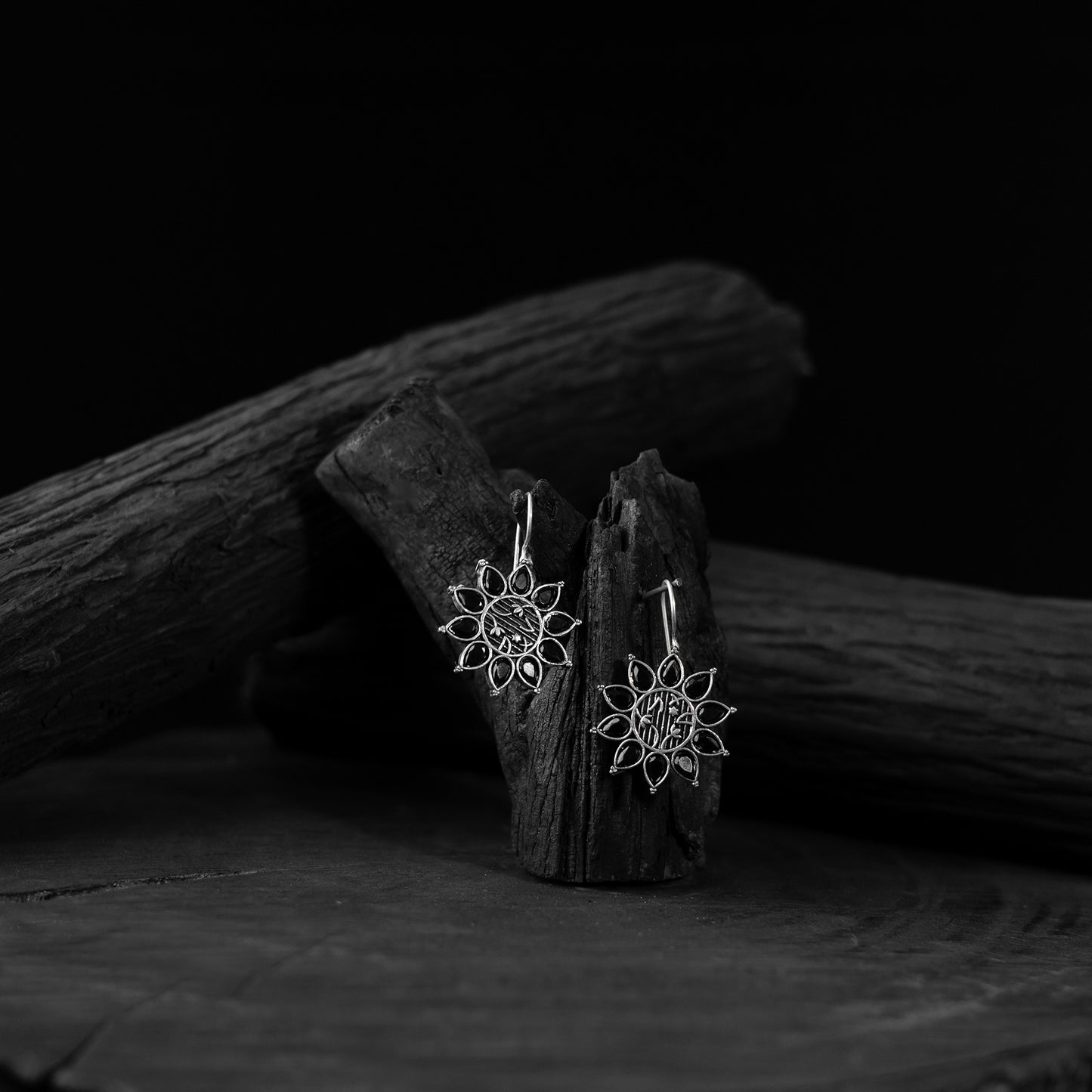 Black Saanjh Bela Flower Oxidised Drop Earrings