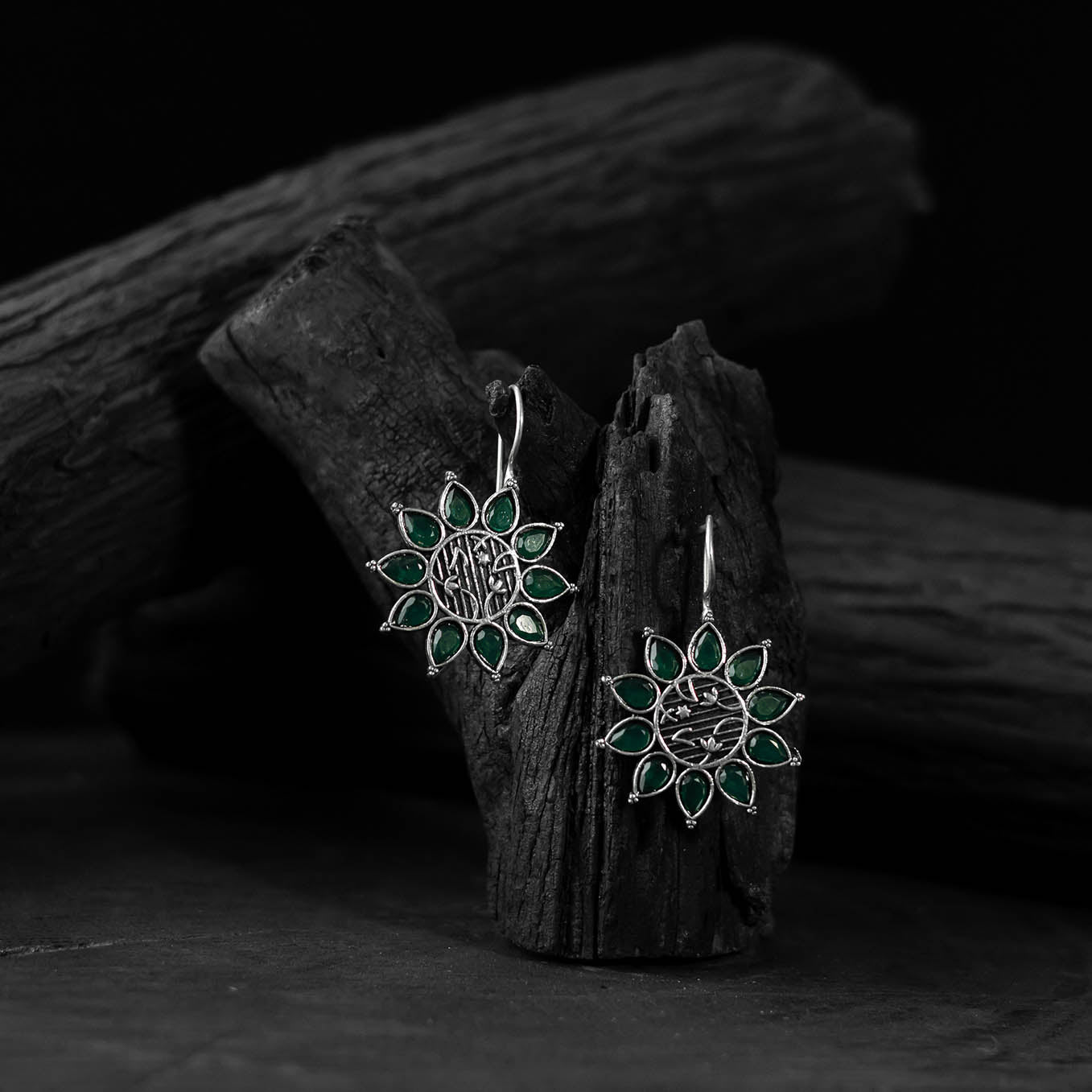 Green Saanjh Bela Flower Oxidised Drop Earrings