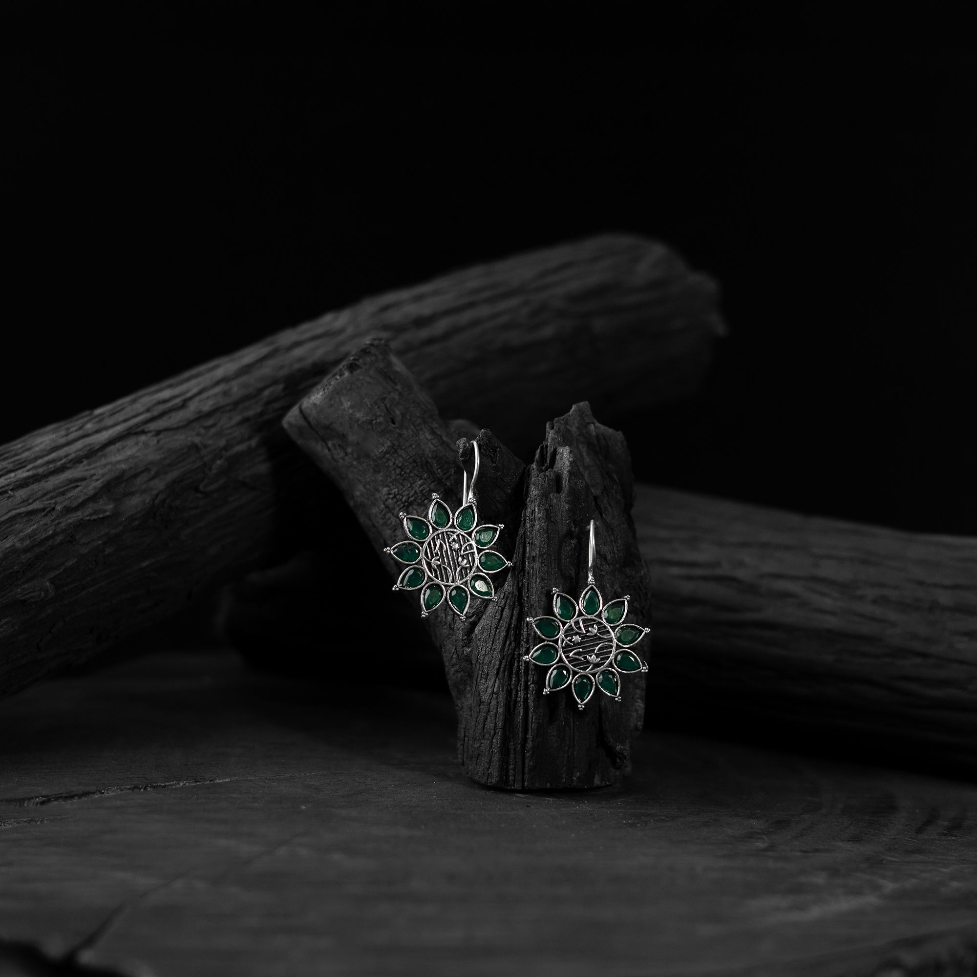 Green Saanjh Bela Flower Oxidised Drop Earrings
