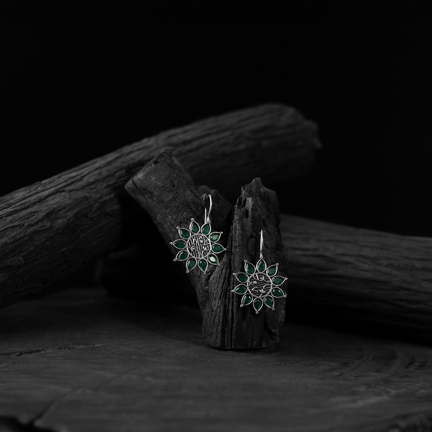 Green Saanjh Bela Flower Oxidised Drop Earrings