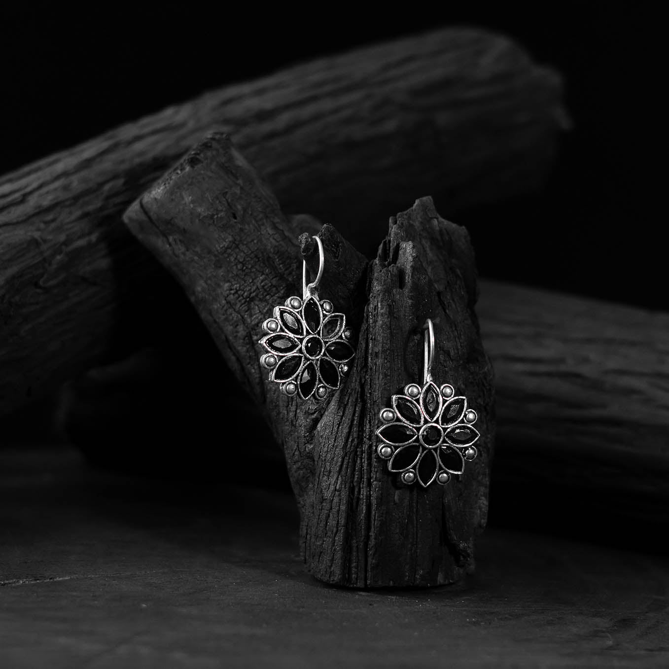 Black Flower Saanjh Bela Oxidised Drop Earrings