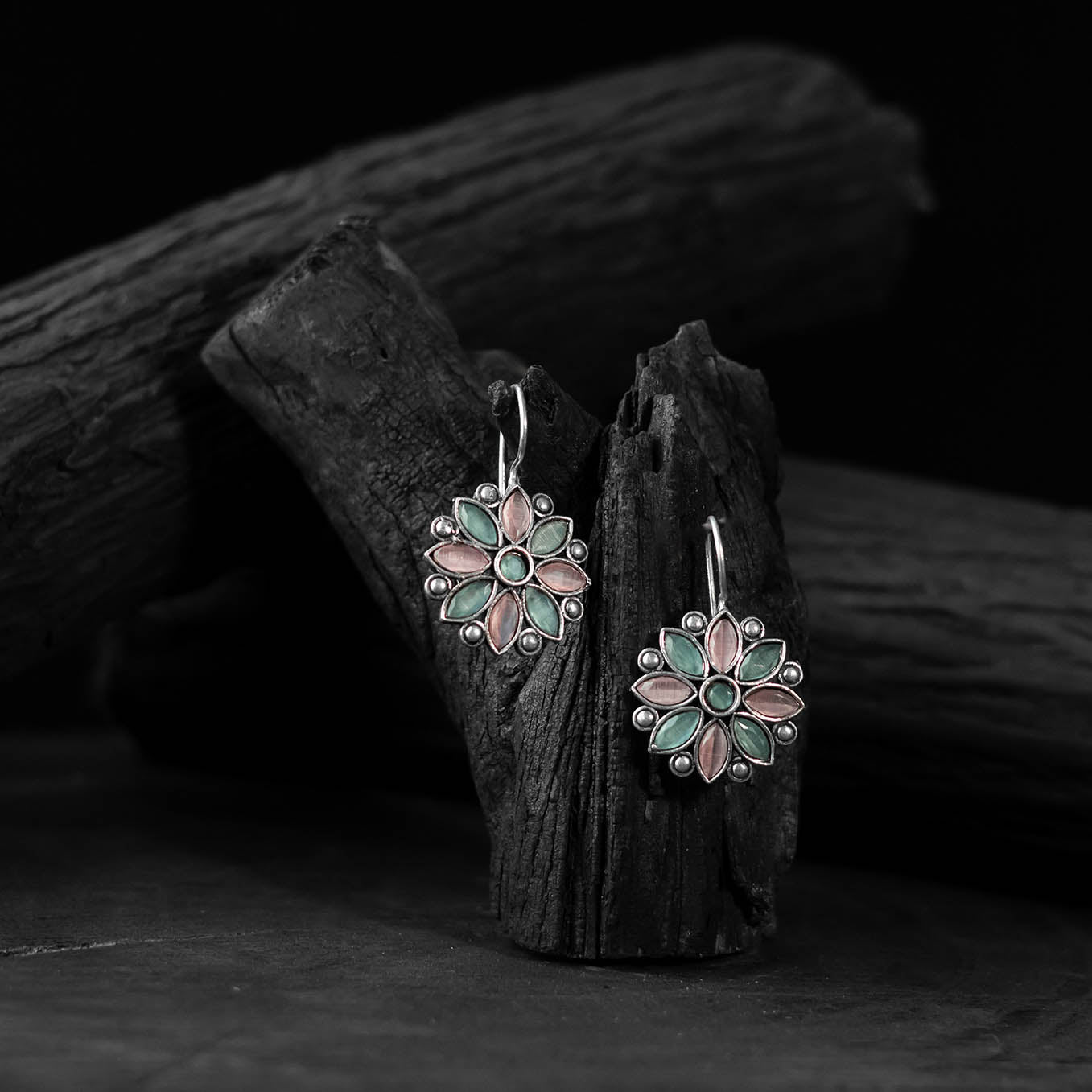 Pink & Green Flower Saanjh Bela Oxidised Drop Earrings